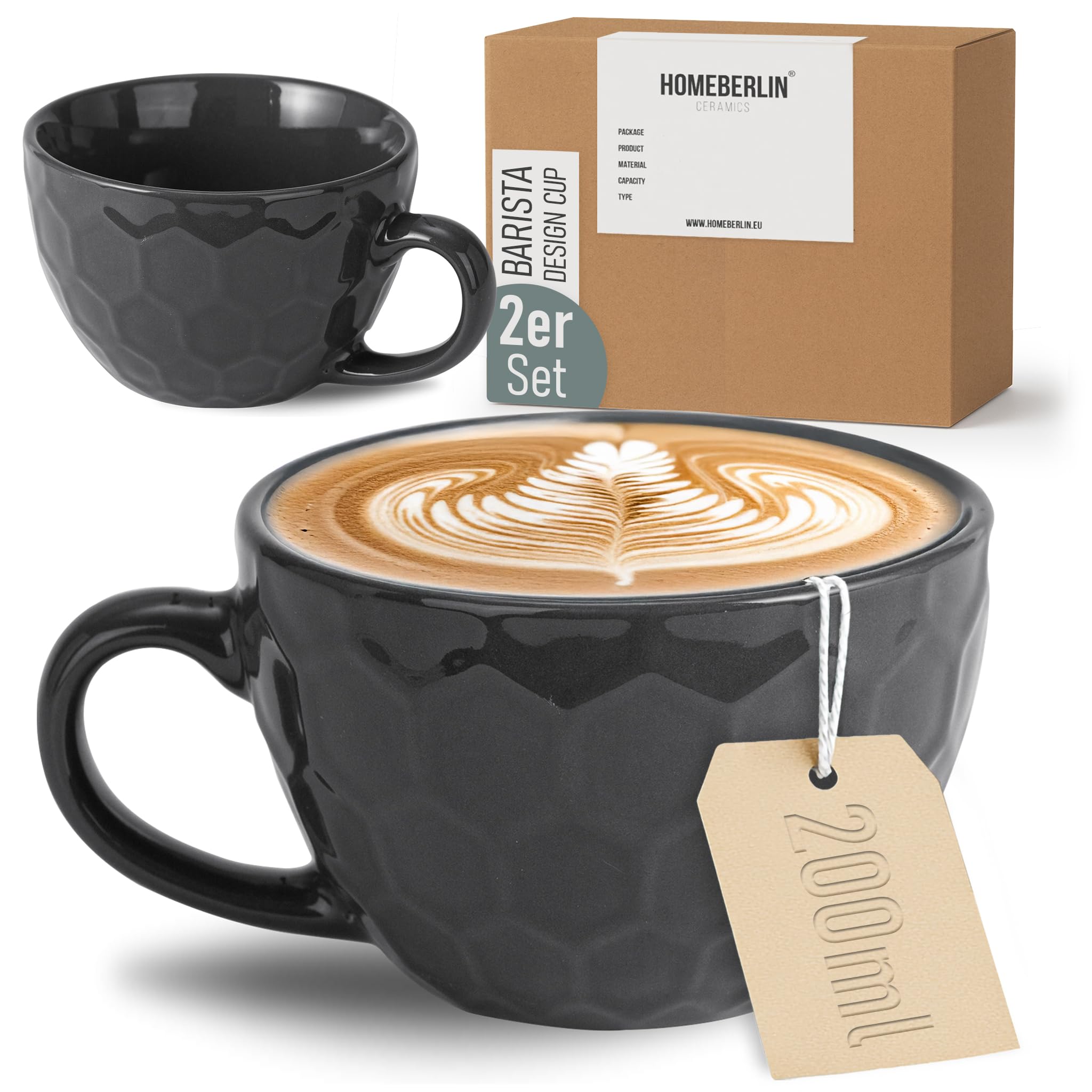 Barista 2er Cappuccino Tassen Set - 200ml Kaffeetassen Set - Premium Kaffee Tassen Set aus hochwertigem Steingut - 2 moderne Kaffeetassen aus 100% Handfertigung - Dickwandige Kaffee Tasse