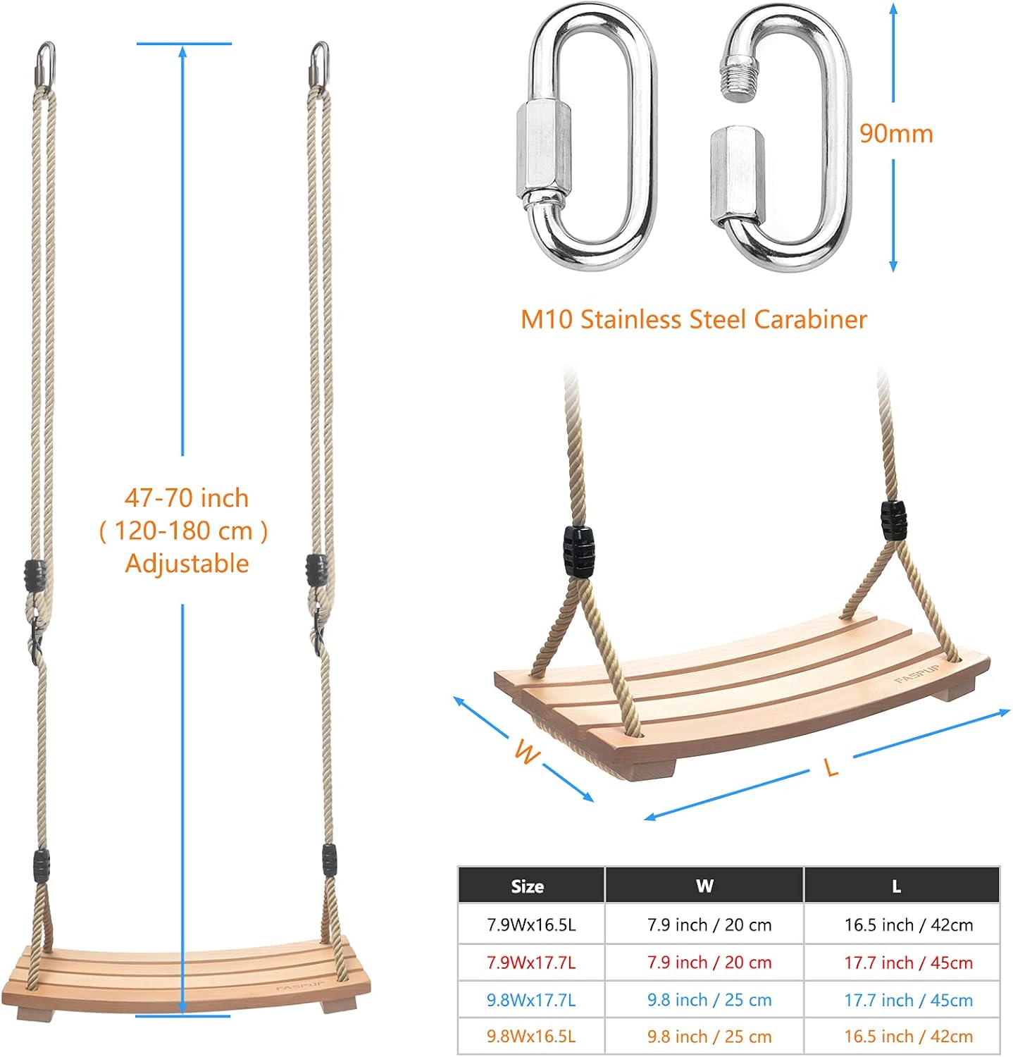 Best Promo Wood Tree Swing for Adult and Kids Outdoor Swing, Wooden Tree Swing Seat with Wider Adjustable Hemp Rope (Arc 17.7 x 9.8 in)