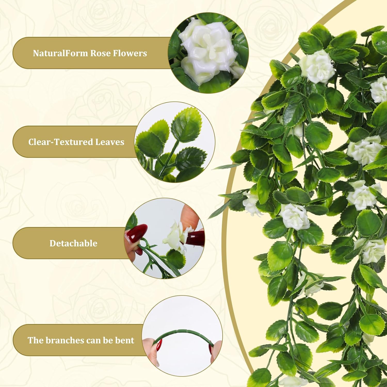 RECUTMS 3Pcs Artificial Hanging Flowers for Outdoor Decoration, Fake Roses UV Resistant Plastic Greenery Plants with Rose Leaves for Door Wall Yard Porch Garden Planter Balcony (Cream Yellow)