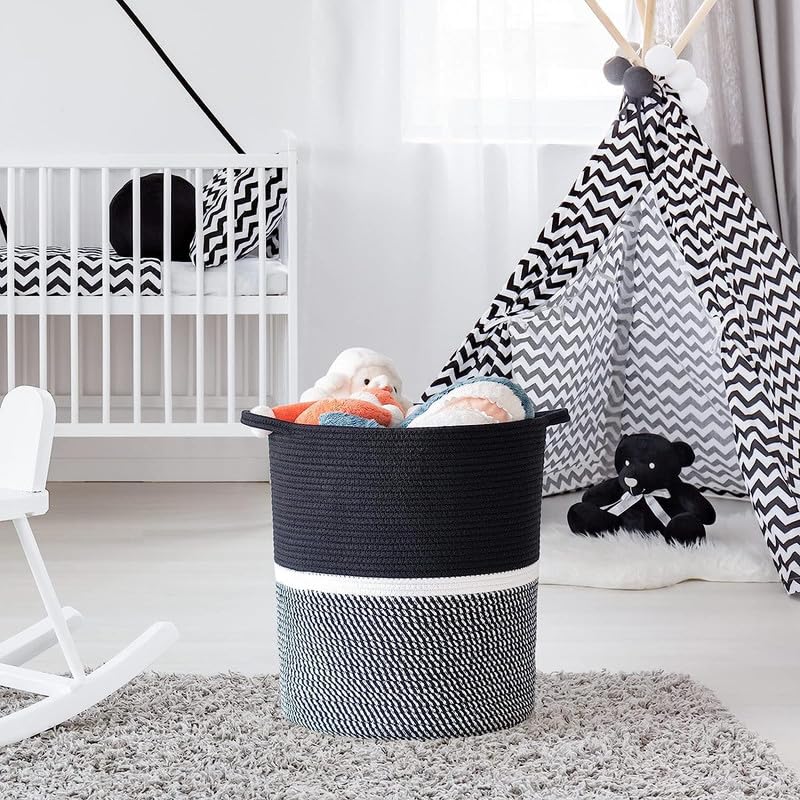 Image of Large Basket Natural Cotton Rope Storage Basket and Hamper for Cloths and Multi Usage in Living Room, Bedroom, Laundry Room (Size - 15 inch x 15 inch x 18 inch) (Black Mix)