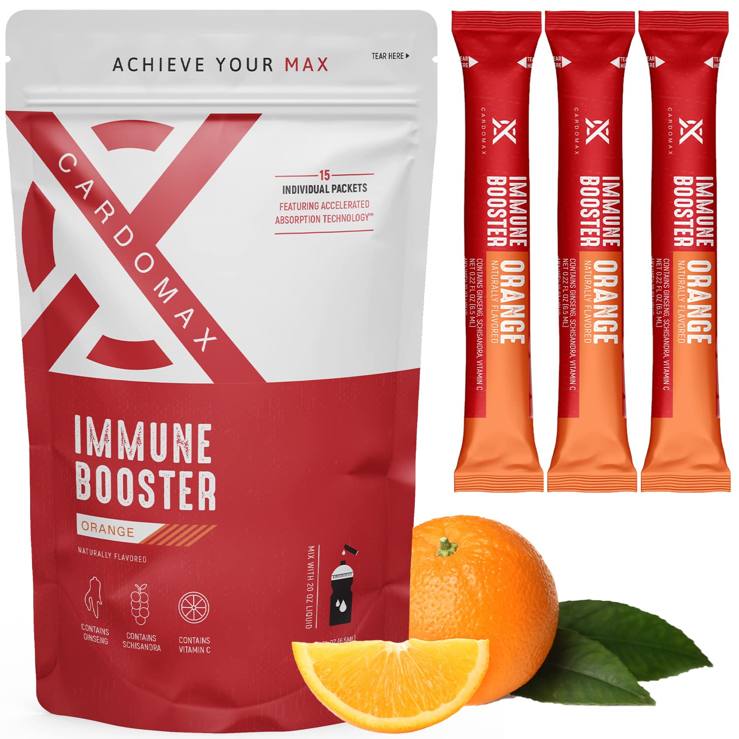 Immunity Booster Liquid Drink Mix with Ginseng and Vitamin C for Kids and Adults, Immune Support Supplement for Energy and Wellness, Orange Flavor, 15 Single-Serve Liquid Stick Packs