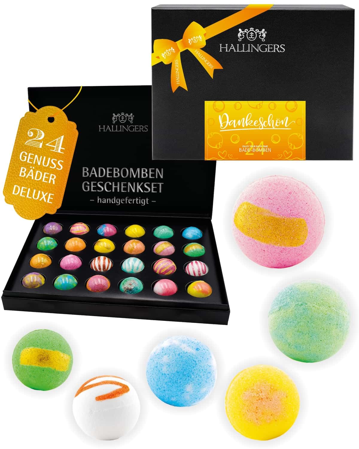 Hallingers Genuss Manufaktur Badebomben Dankeschön-Geschenk-Set - 24x Badekugeln Bath Bombs, edle Geschenkbox, Frauen Badeperlen-Wellness & Spa ""Dankeschön"", Geschenkidee für Frauen Männer