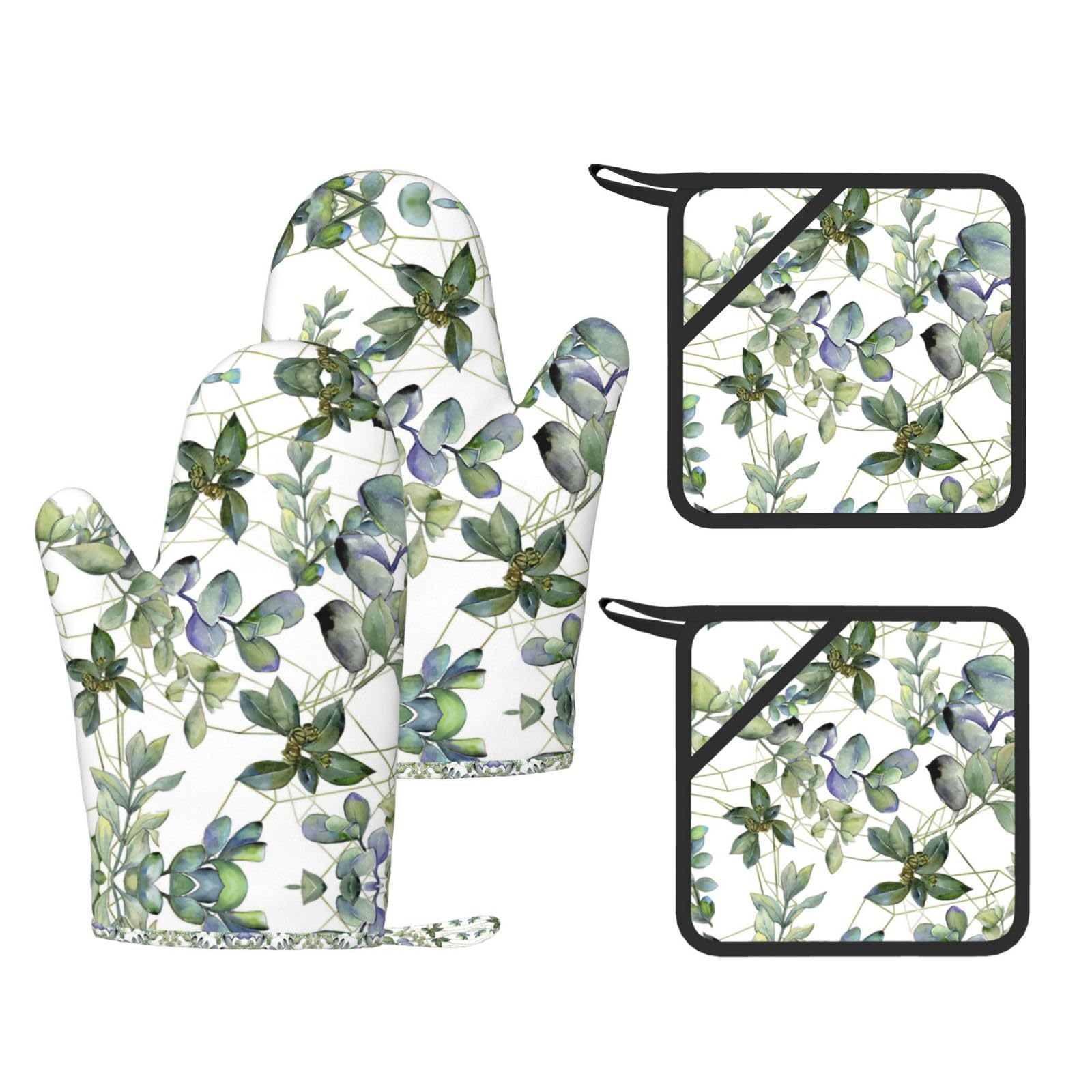 Green Eucalyptus Leaves Trendy Printed Kitchen Set with Heat Resistant Gloves & Non-Slip Hot Pads for Baking & Grilling