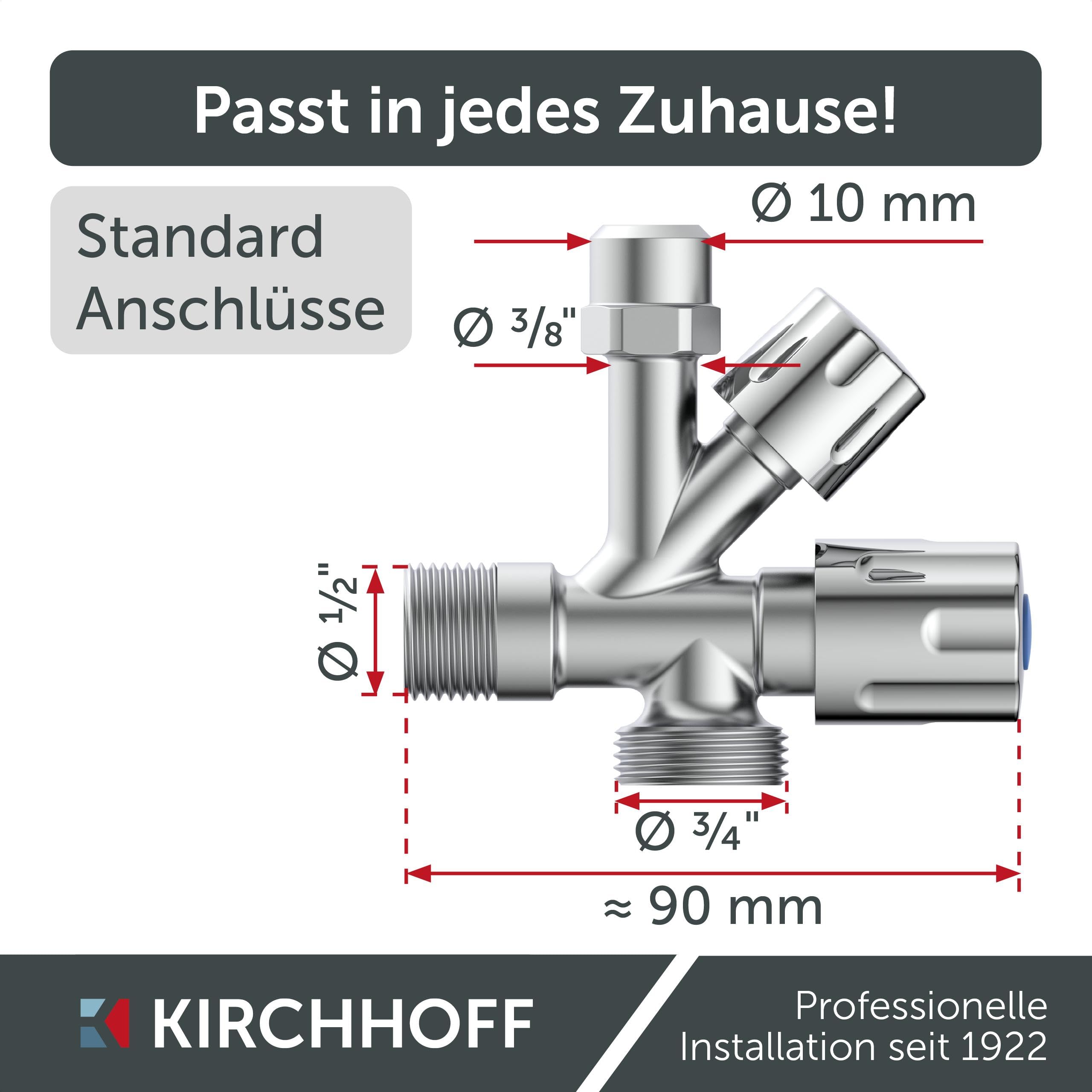 Kirchhoff Urządzenia uniwersalny zawór kątowy z przyłączem do zmywarki, ½ kątowy zawór regulacyjny do zimnej wody, kran odcinający umywalka łazienkowa, armatura do zimnej wody, chrom