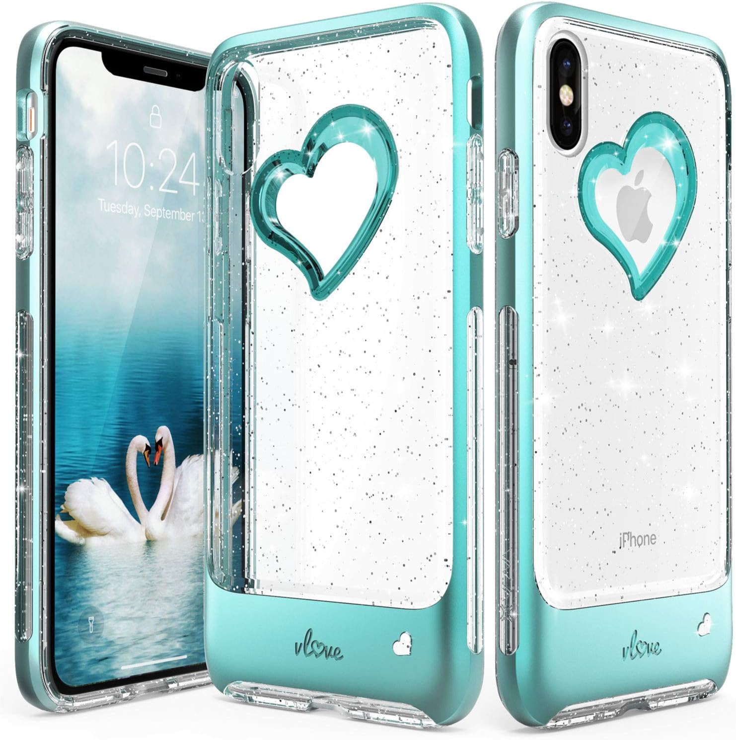 Vena iPhone XS Max Glitter Case, vLove (Heart Shape, CornerGuard Protection) Dual Layer Slim Hybrid Clear Bumper Cover Designed for Apple iPhone XS Max (6.5"-inch) - Teal