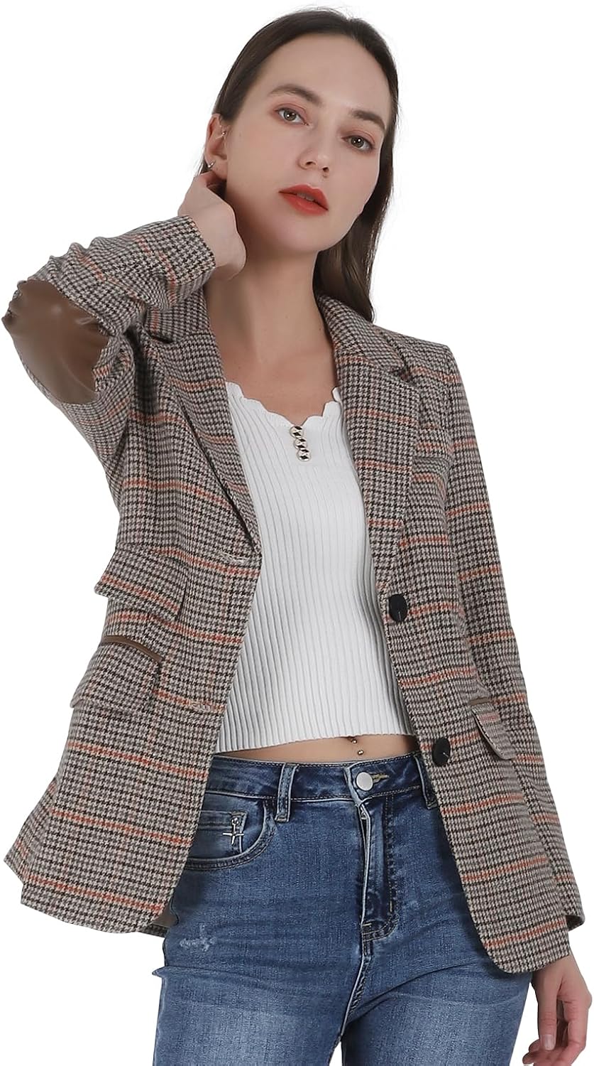 Women's Fashion Notched Lapel Wool Plaid Blazer Slim Long Sleeve Jacket with Elbow Patch (Large, Khaki) - Image 2