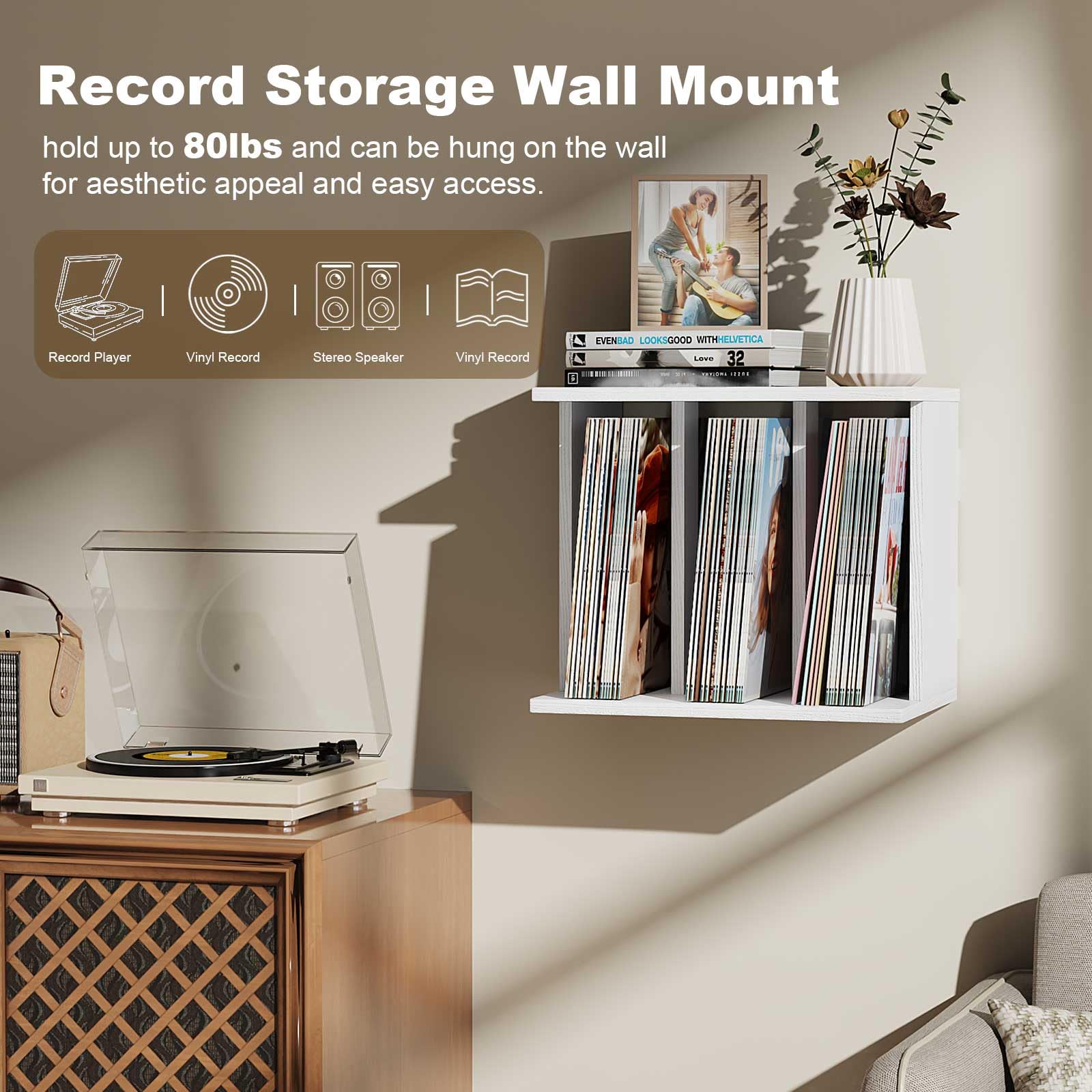 Aufbewahrungsständer für Vinyl-Plattendreher, mit Vinylablage, Wandregal für bis zu 100 Alben, 3 Fächer, Vinyl-Schrank, für Wohnzimmer, Büro, Dekoration (Vintage weiß)