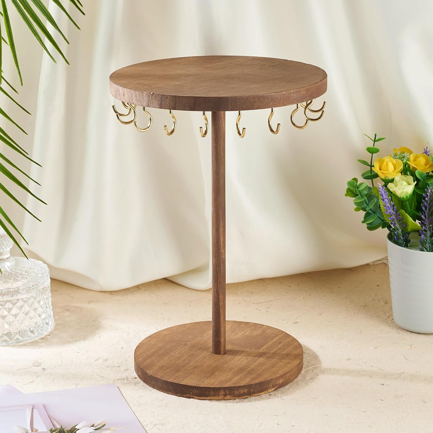 Wooden Rotating Necklace Holder, Rustic Wood Jewelry Display Stand Jewelry Organizer with 18Pcs Golden Metal Hooks for Shows Necklaces Bracelets Keychains Hair Accessories Selling Home
