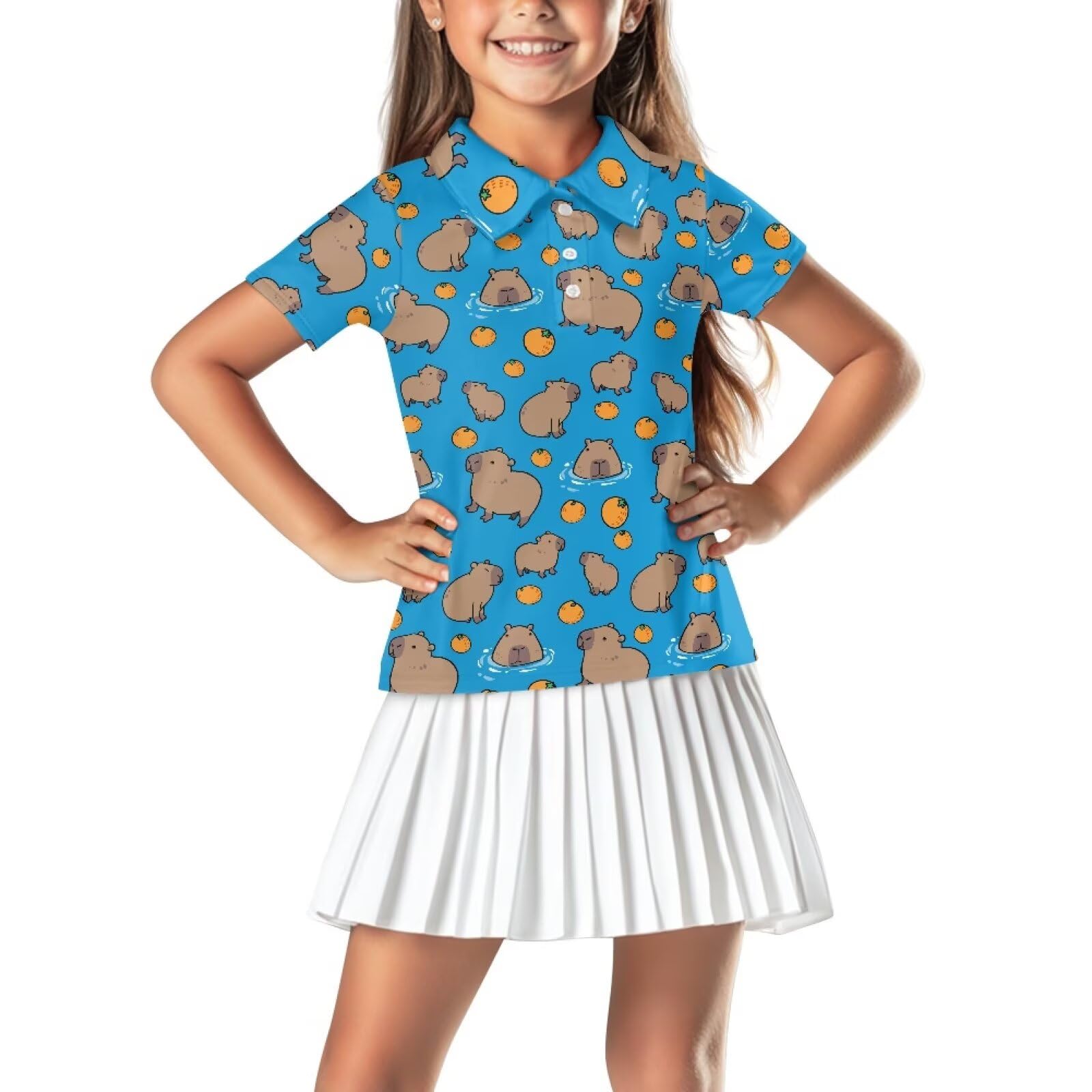 Psaytomey Girls Short Sleeve Golf Shirts Capybara Lemon Button Up V Neck Lapel Collar Tennis Shirts Golf Clothes Soft Quick Dry Athletic Tank Tops Summer Activewear