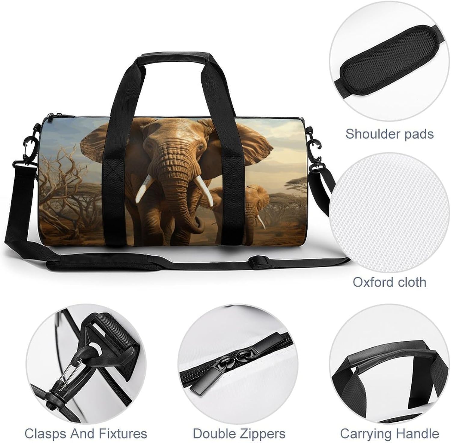 Elephant Animals Gym Bag Hand-held Fitness Bags Cylindrical Fitness Bag with Shoe Large Compartment Duffle Bags for Travel Sports Unisex image 5