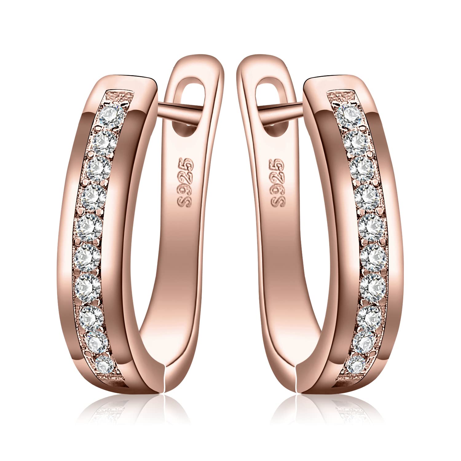 JewelryPalace Pendientes Aro Mujer Plata Oro 14k Oro Rosa, Pendientes Clip de Perforacion Eternidad Diamante Simulado, Pendientes Pequeños Piedra en Engaste de Canal, Pendientes Niña Conjunto Joyas