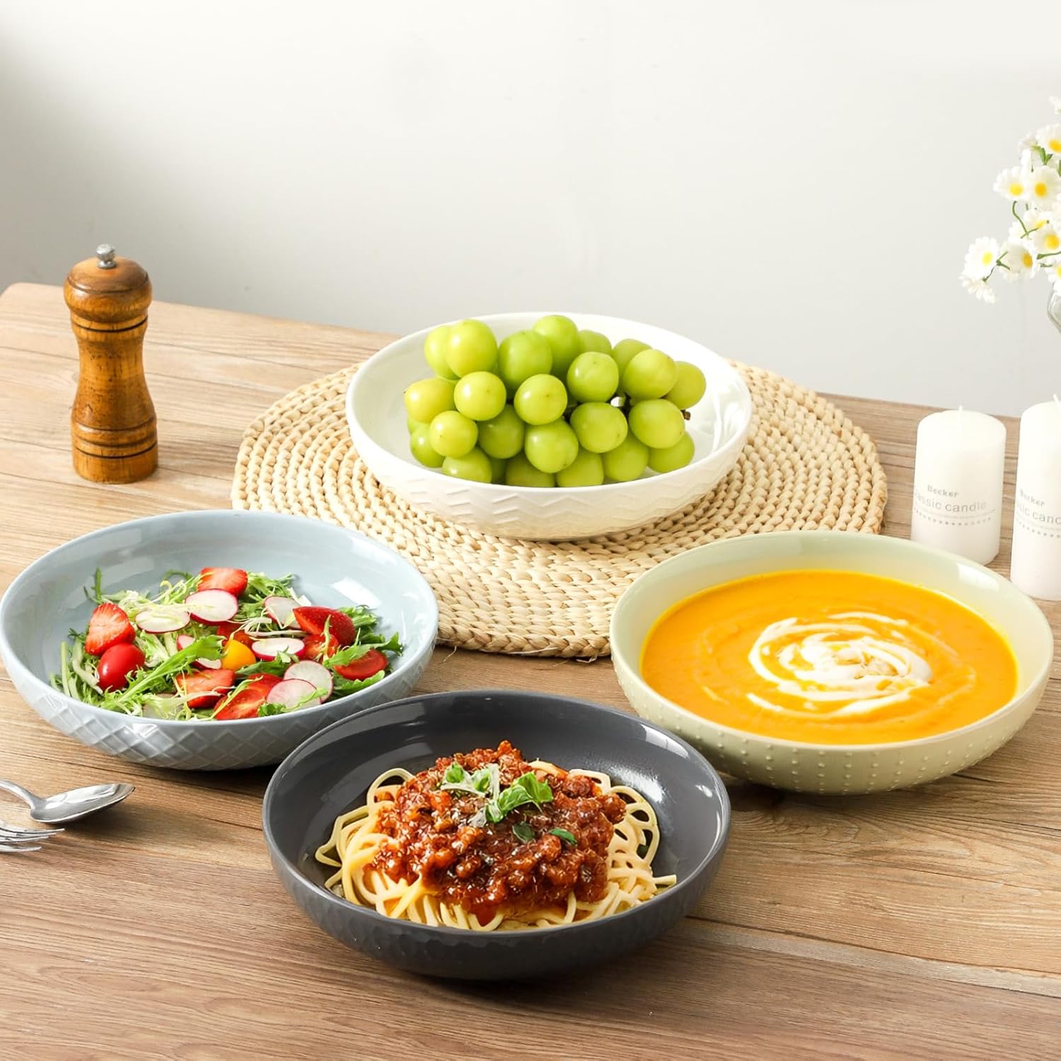 HASENSE Ceramic Pasta Bowls, 42 OZ Ceramic Salad Bowl Set of 4, Large Serving Plate Bowls,Embossment Stoneware Wide and Shallow Pasta Plates for Fruits, Noodle,Colorful