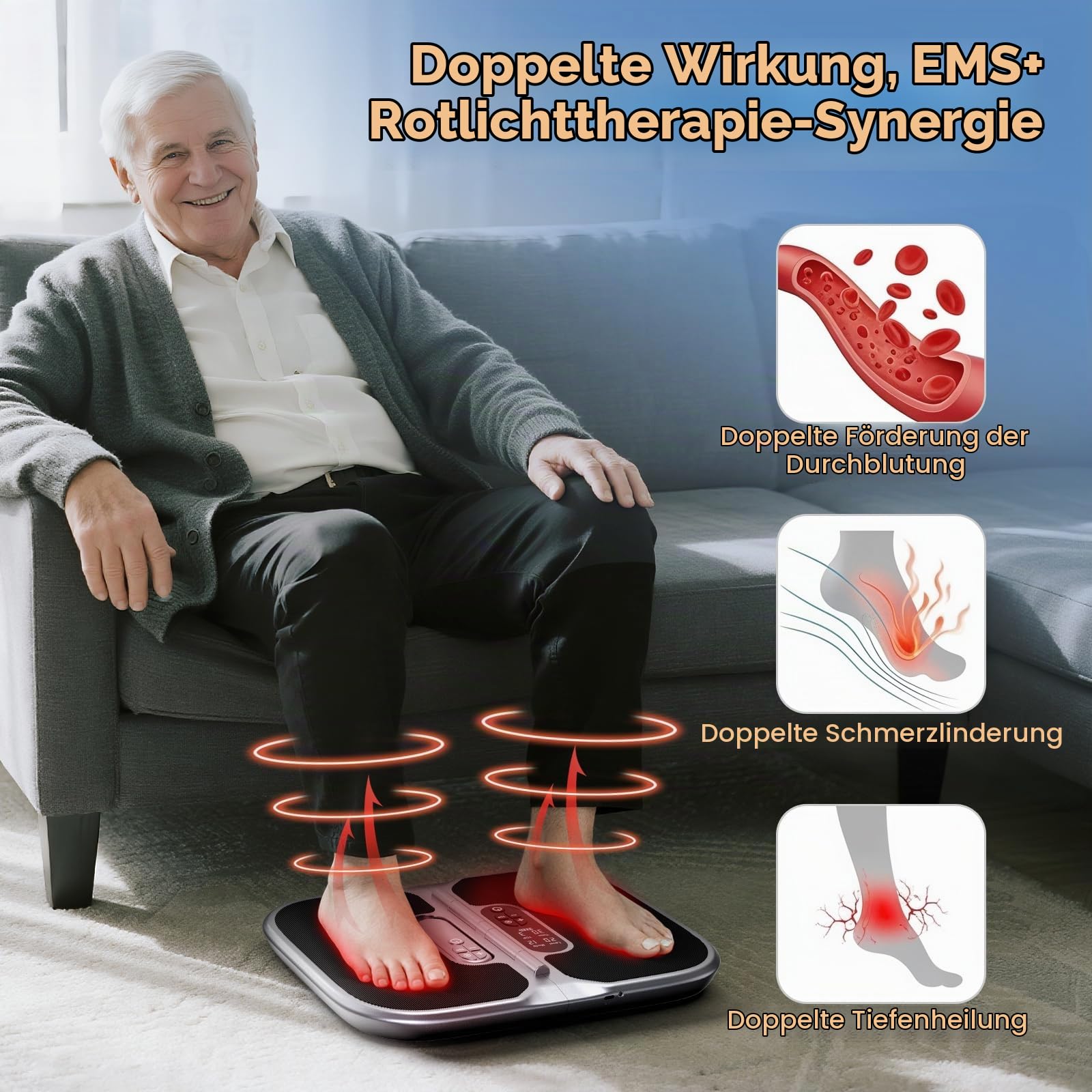 Medic Durchblutungs-Stimulator Beine & Füße mit Rotlichttherapie(660+850NM), EMS Fußmassagegerät mit Doppelter Physiotherapie, Mit magnetischem Fernbedienung und beiliegender Tragetasche