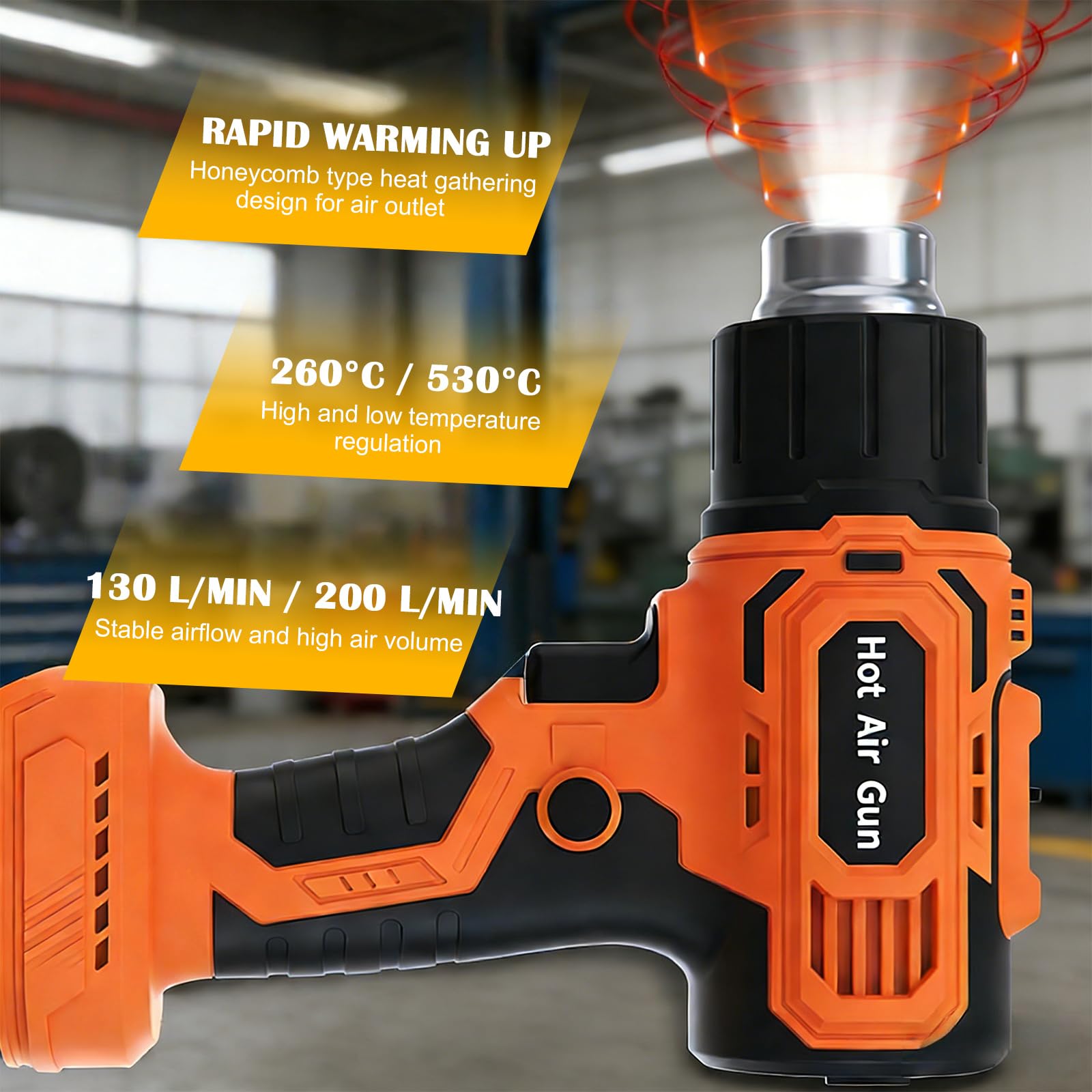 GAOUTO Pistola de aire caliente recargable para Makita 18V, Pistola de aire caliente ajustable 260/530°C, soplador de aire caliente de 350W con batería y 5 boquillas, pistola de aire caliente para
