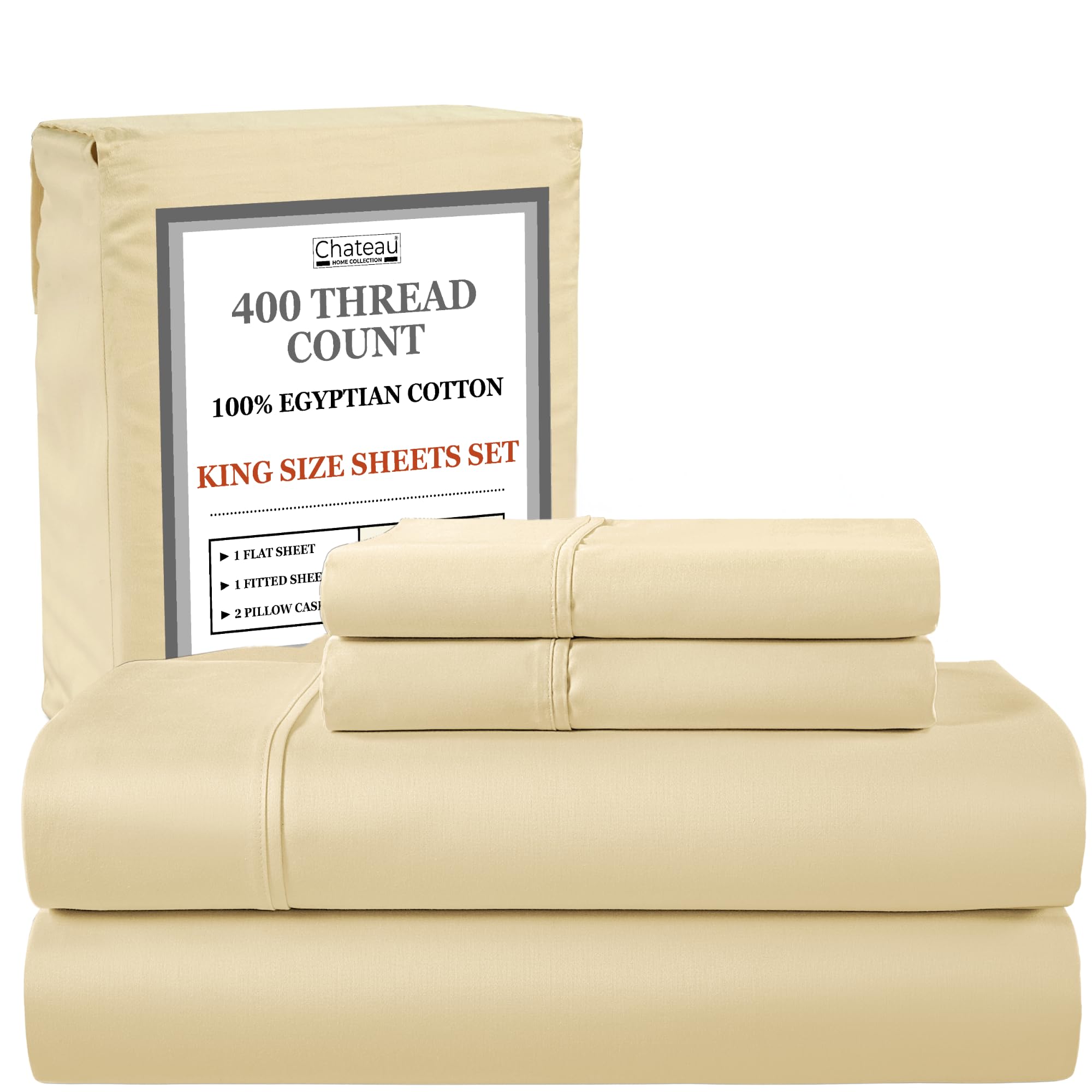 King Sheets Deep Pocket King Sheet Set, 100% Cotton Bed Sheets, 400 Thread Count 4 Pc Sateen Weave Luxury Bedding Sheet & Pillowcase Sets, Soft & Comfy Naturally Cool, No Pill Machine Washable- Ivory (color is white)