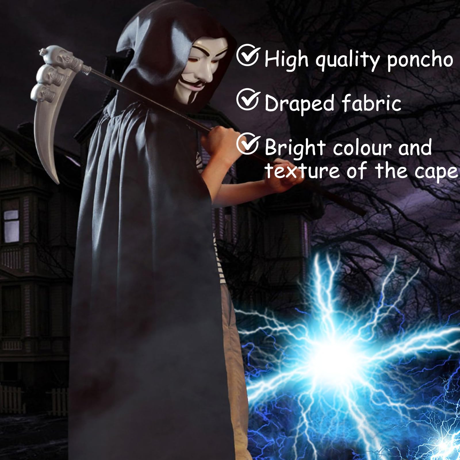 GIEEU Unisex Long Black Hooded Cape 160CM, Adult Hooded Cape Vampire Cape Witch Cloak - Image 3