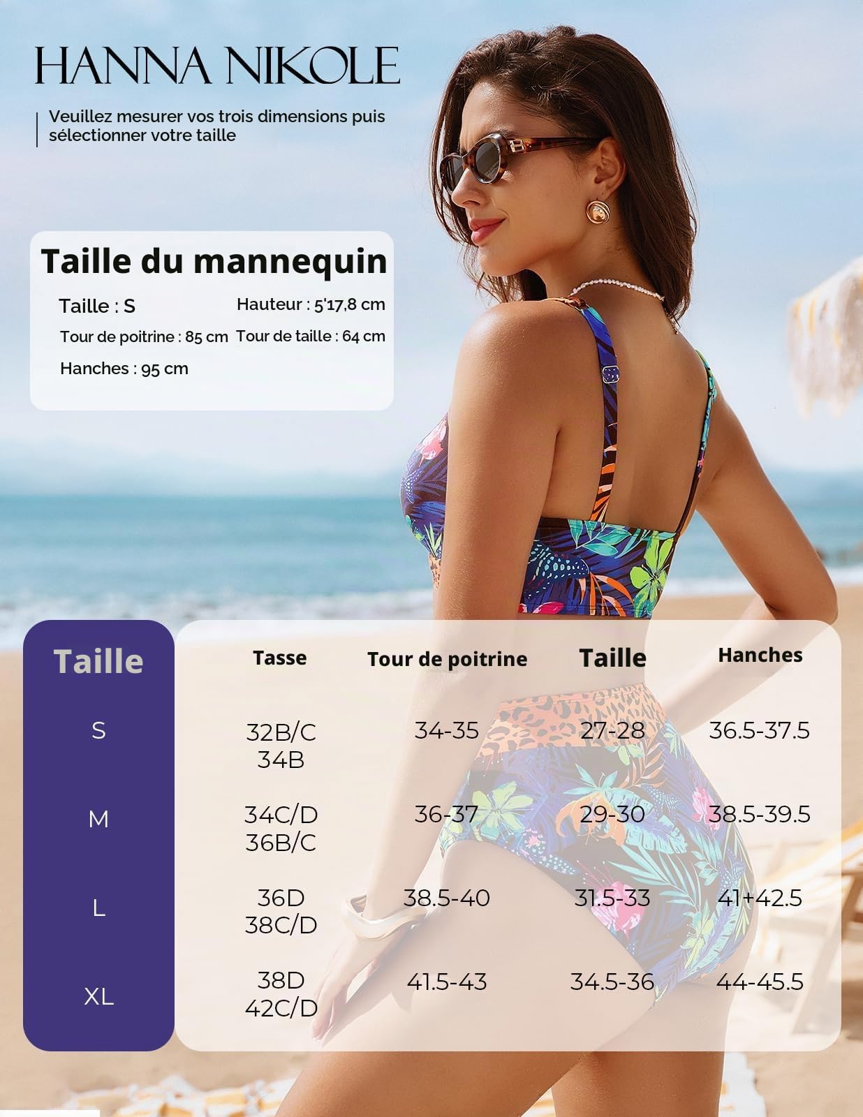 Hanna Nikole Maillot de bain 2 pièces pour femme - Taille haute - Push Up - Col en V