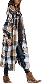SKIKYAN Women Fall Flannel Plaid Shacket Jacket Oversized Button Down Long Shirt Jacket