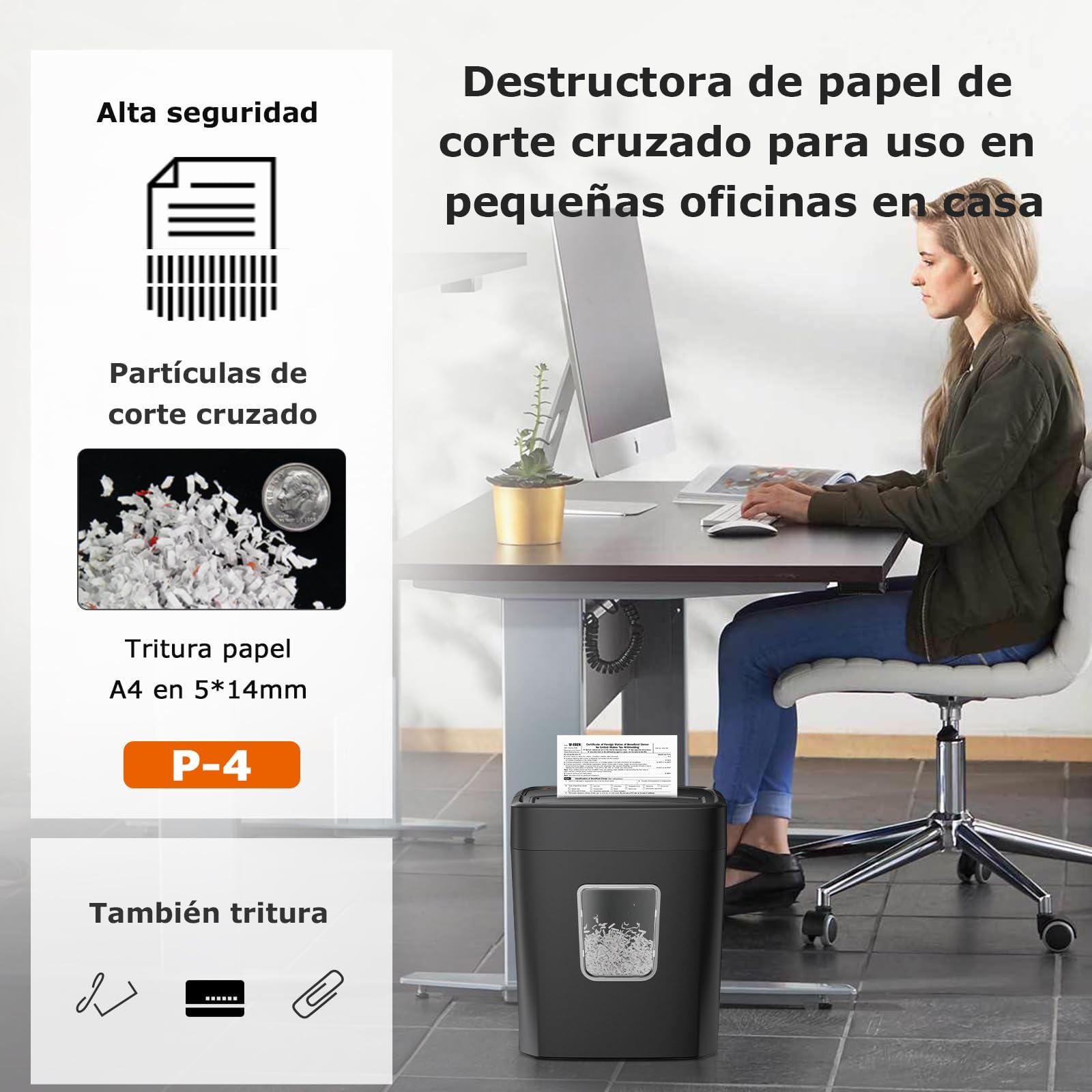 Bonsaii P4 Destructora de Documentos, 8 Hojas Corte Cruzado, C261-C | Trituradora de Papel 5x14mm, para Hogar y Oficina, Papelera 16L, Protección contra Sobrecalentamiento