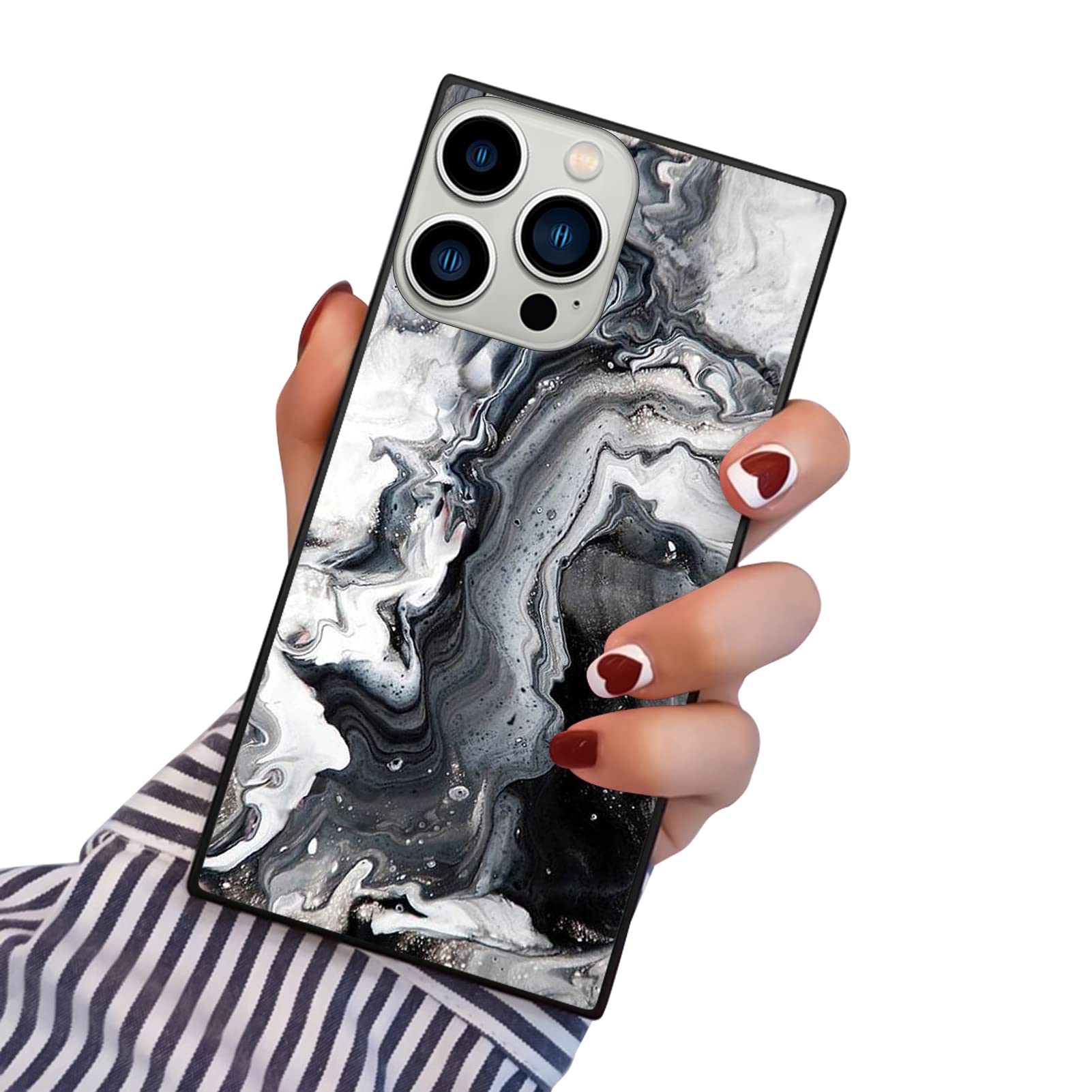 PERRKLD Compatible With iPhone 14 Pro Case Square Black White Watercolor Marble Pattern Heavy Duty Protection Shock Absorption Slim Soft TPU Edge and Hard PC Case Cover for iPhone 14 Pro 6.1 Inch 2022