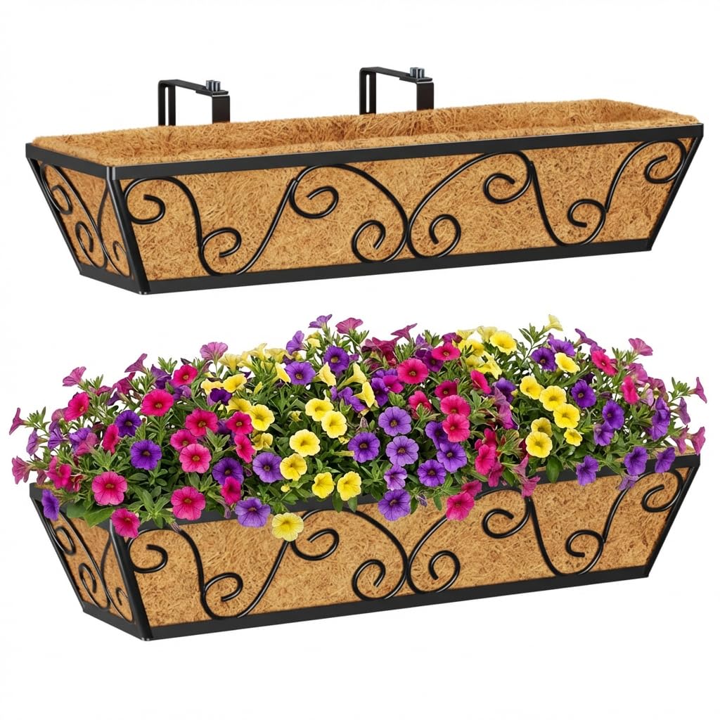 Hfhome Butterfly-2P Set Of 2 60.9Cm/24In Wall Trough Rail Planters, Metal Butterfly Planter Box With Coco Liner, Long Flowerpot For Railing Window Box Porch Balcony & Outdoor Fences