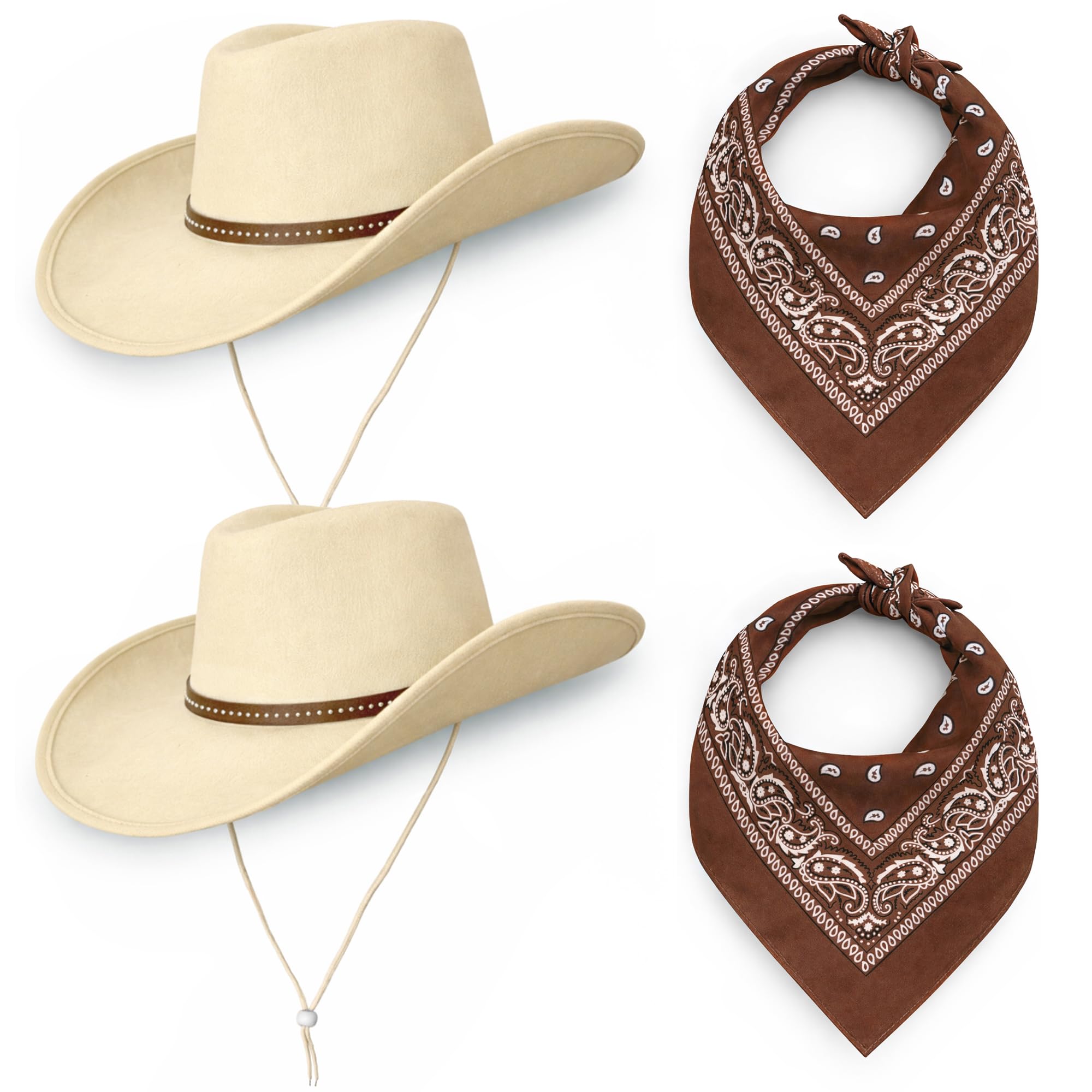 Cowboy Cowgirl Hats Pack of 2 Felt Western Unisex (2 Sand Hats and Matching Bandanas) Texas Texan Costume Accessories for Women, Men, Adults Wild West Fancy Dress (2x Sand Hat & 2x Brown Bandana)