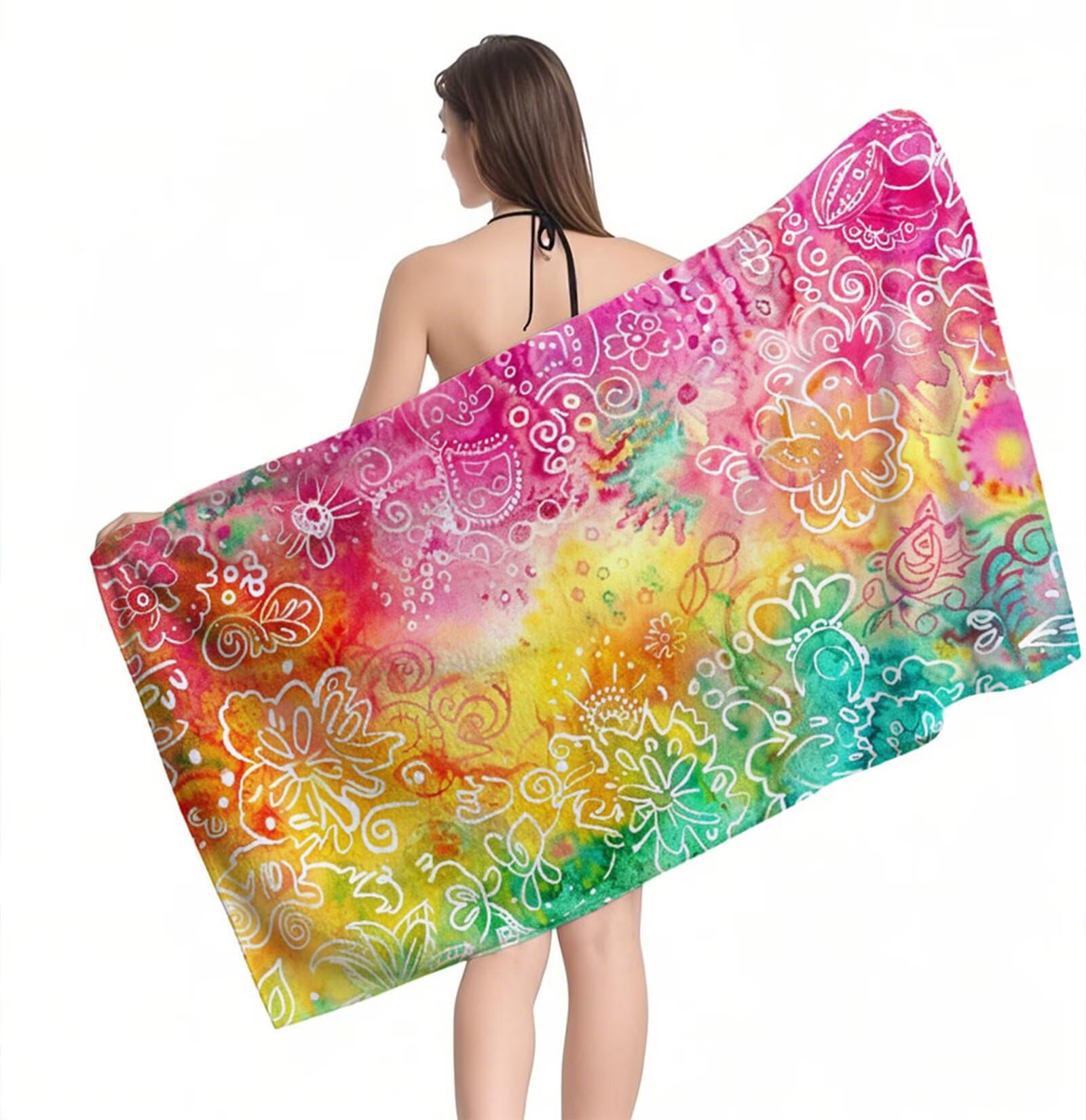 Duży ręcznik z mikrofibry XXL 220 x 100 cm Ręcznik plażowy Kolorowe kwiaty Ręczniki na siłownię Szybkoschnące cienkie i kompaktowe ręczniki kąpielowe z torbą, ręcznik plażowy odporny na piasek dla