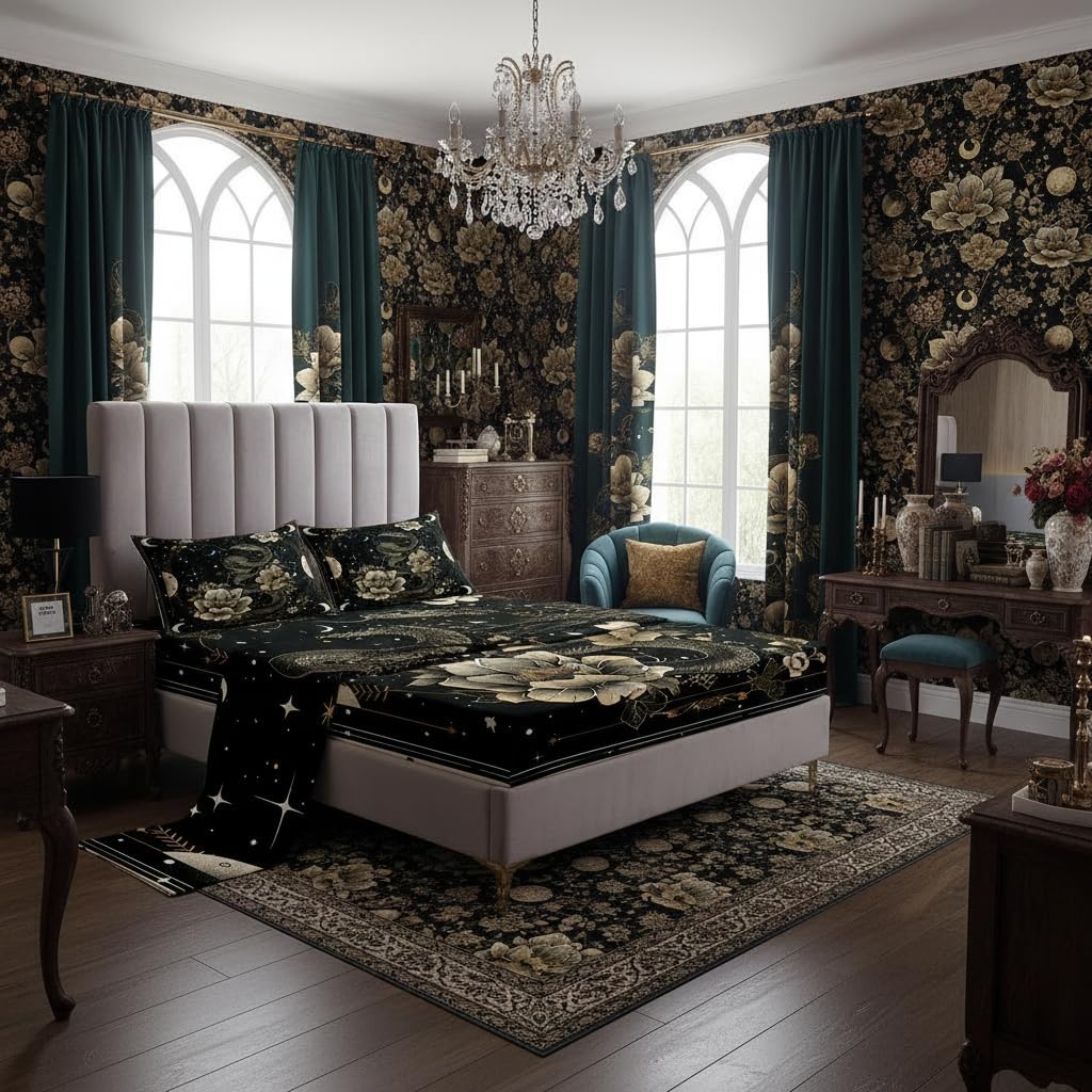 Parure de lit gothique serpent et lune en microfibre pour grand lit avec taies