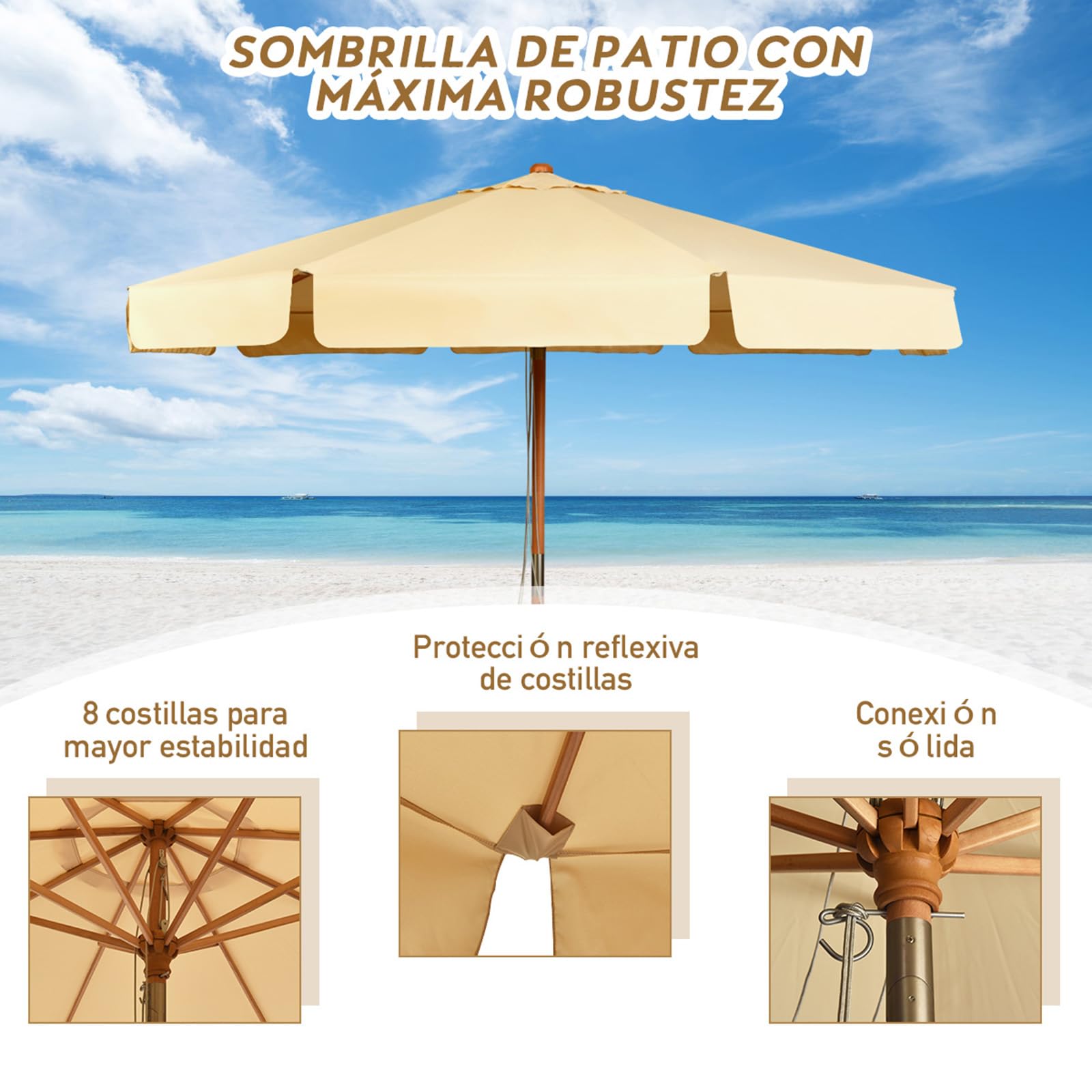 COSTWAY Sombrilla de Ø300cm de Madera Parasol de Jardín Inclinable Sombrilla de Manivela para Playa Jardín Piscina Terraza