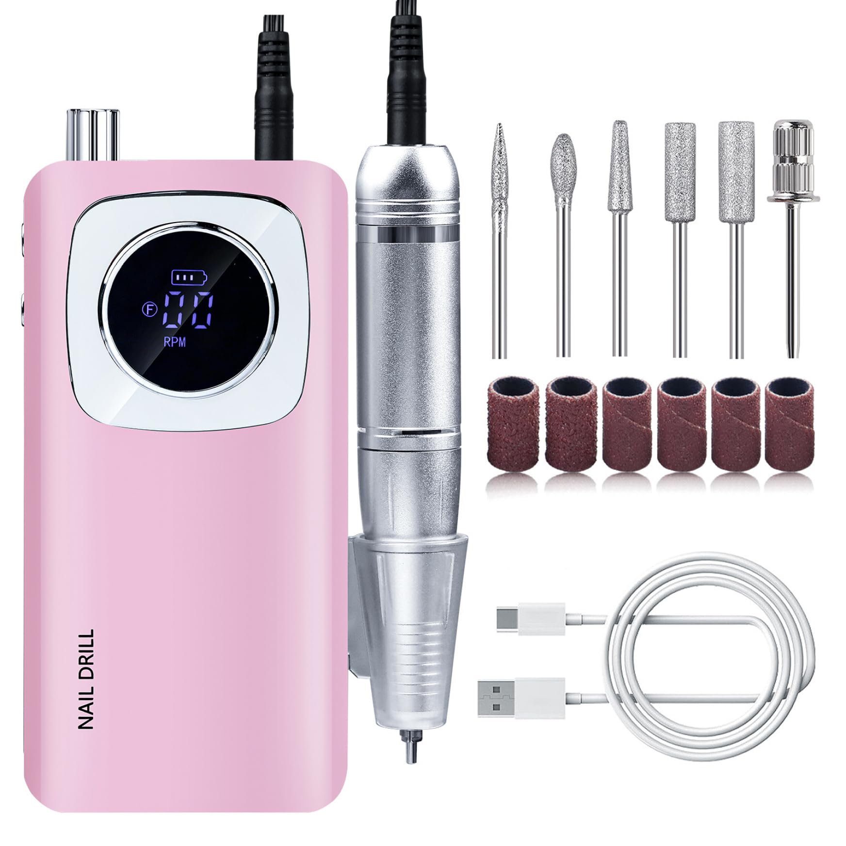 Taladro de uñas recargable, manicura eléctrica de 45000 rpm con máquina de archivos de pantalla LCD para manicuras de uñas de geles acrílicos.