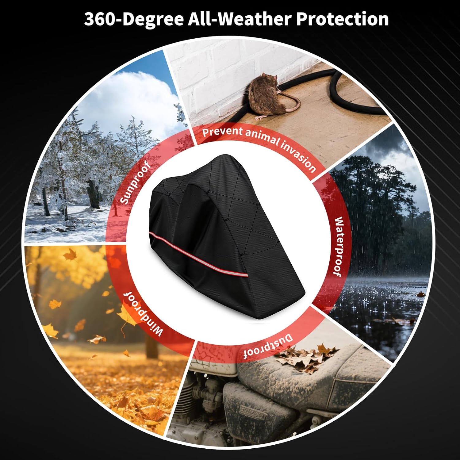 Full Enclosed Motorcycle Cover - Waterproof for Outdoor & Indoor Storage,600D Heavy Duty with Reflective Strips, Fits Scooters & Touring Motorcycles up to Length 108" x 45" x 59" Black