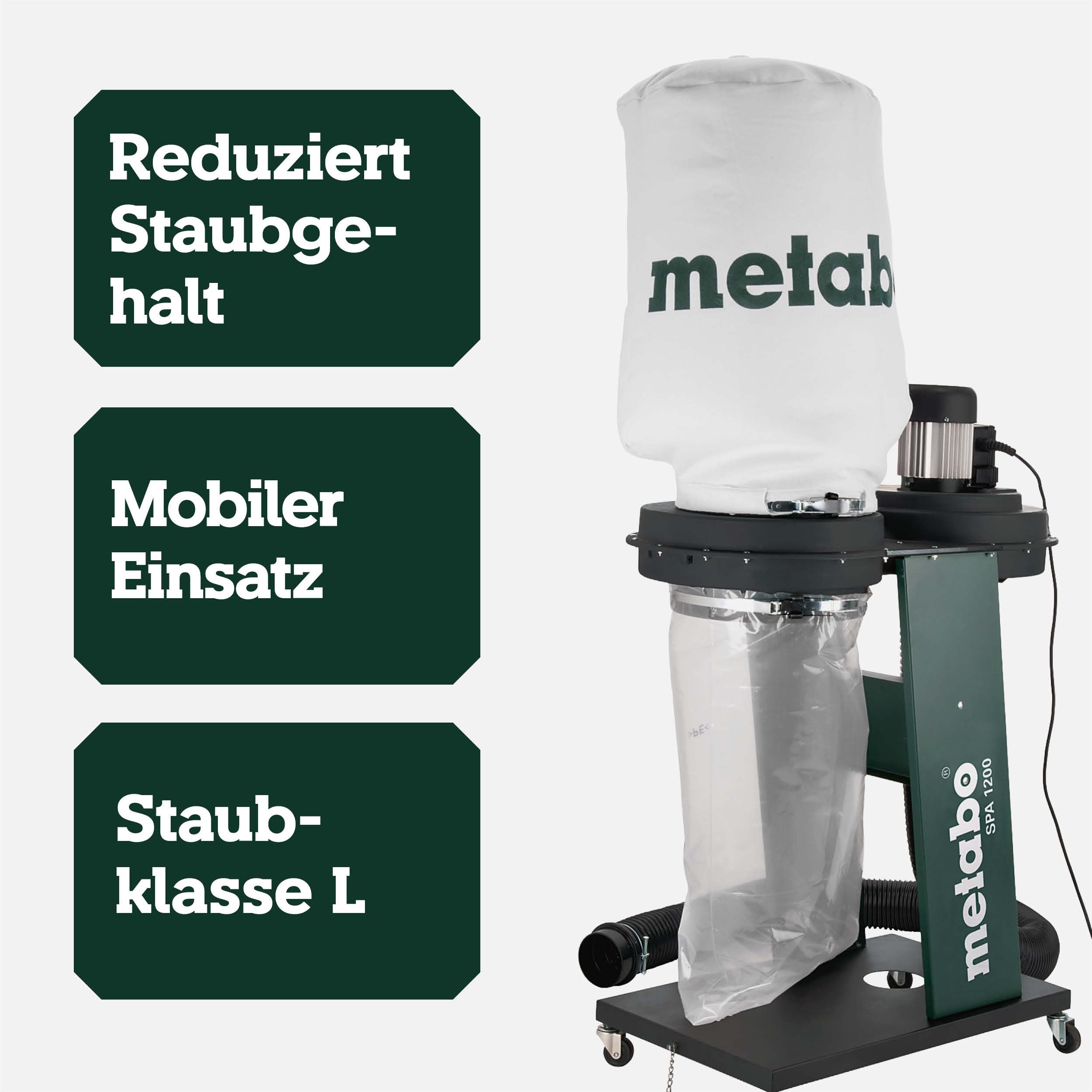 metabo Späneabsauganlage SPA 1200, Absaugung mit 65 L Spänesack & Schlauch | Set mit Absaugschlauch, Staubklasse L Sauger für Holzspäne, mobil auf Rollen für Werkstatt Maschinen, 550 W Absauggebläse
