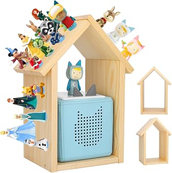 Taladad for TonieBox 2/1 Tonies Figures Characters Shelf with 35Pcs Adhesive Metal Plate for Creative Tonie Box Magnetic Storage Wooden Shelf for Kids Natural
