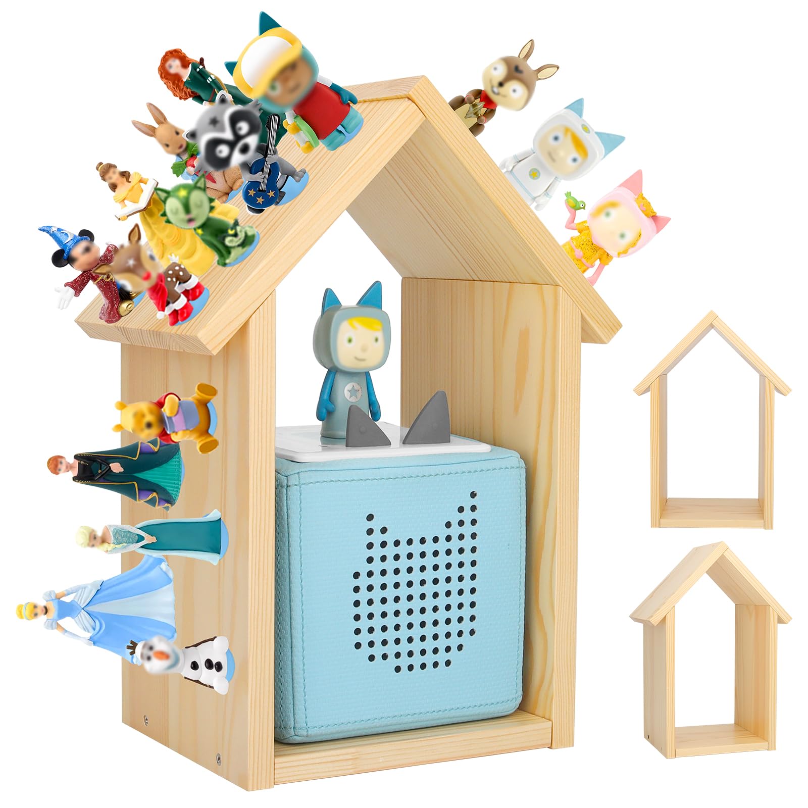 Taladad for TonieBox 2/1 Tonies Figures Characters Shelf with 35Pcs Adhesive Metal Plate for Creative Tonie Box Magnetic Storage Wooden Shelf for Kids