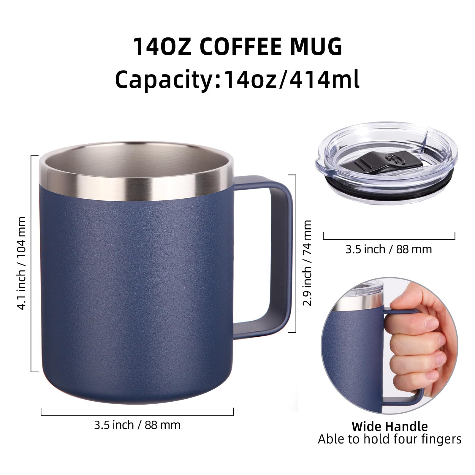 Volhoply 14oz Insulated Stainless Steel Coffee Mug with Lid Bulk 2 Pack,Double Wall Vacuum Travel Coffee Cup with Handle,Reusable Metal Tumbler,Camping Mugs Keep Hot,Christmas Gifts(Navy,2) - Image 2