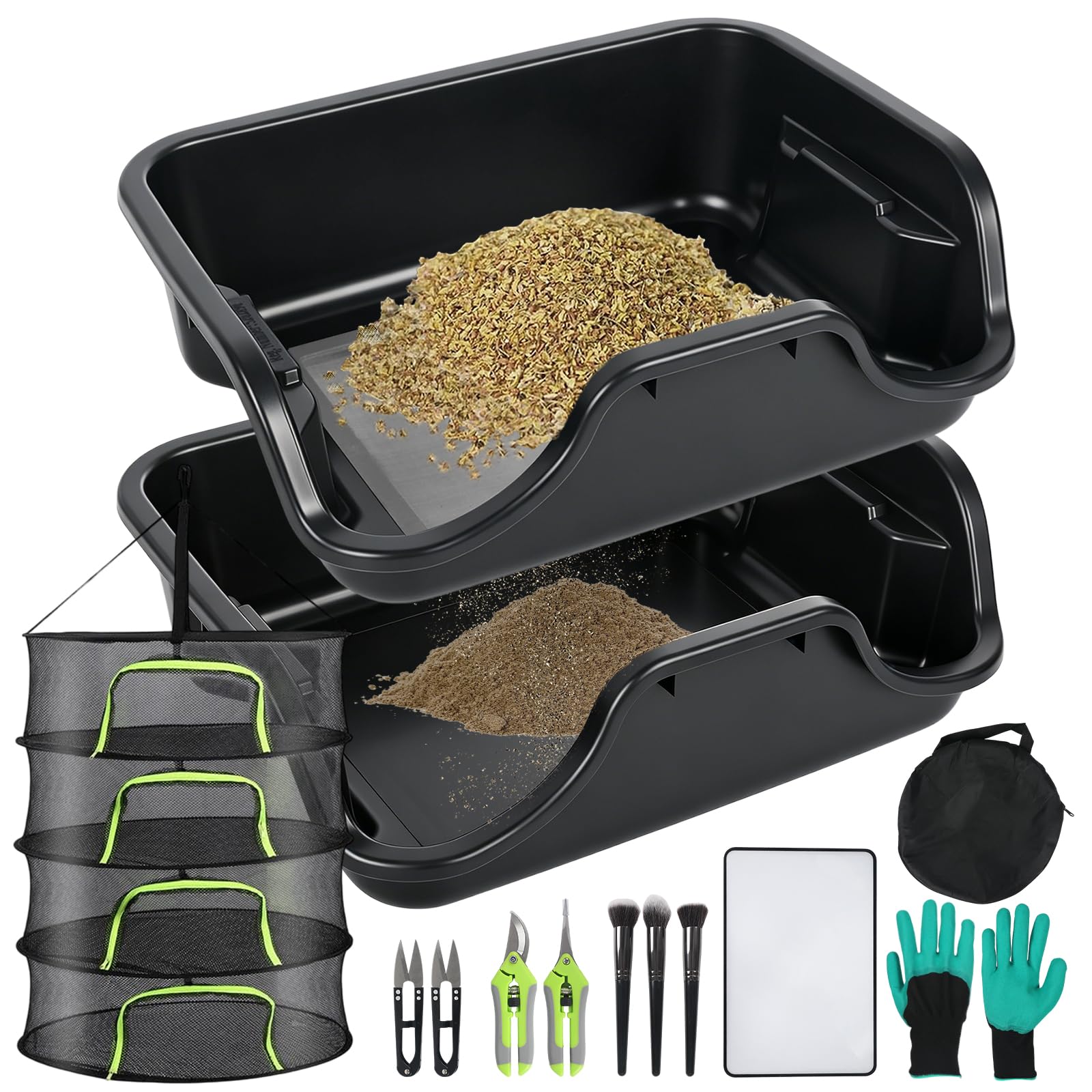 Premium Trim Bin Set, 150 Micron Pollensieb, TrimmSchale Trim Tray mit 2 Ergonomische Trim Tray, 4 Trimmscheren, Bürste, Lupe, Grow Zubehör zum Trockensieben und Sammeln