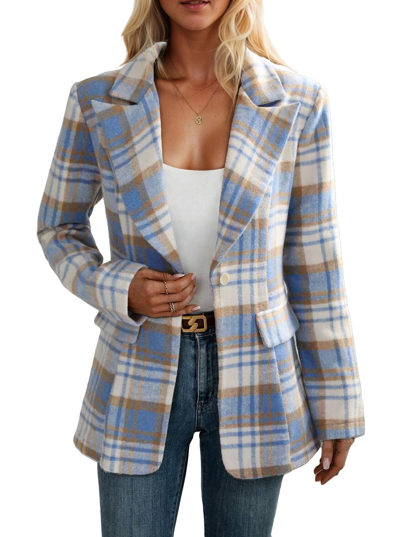 Mina Self 2025 Winter Womens Flannel Plaid Blazer Jacket -Houndstooth Fully-Lined Warm Soft Fitted Casual Work Trendy Pocket
