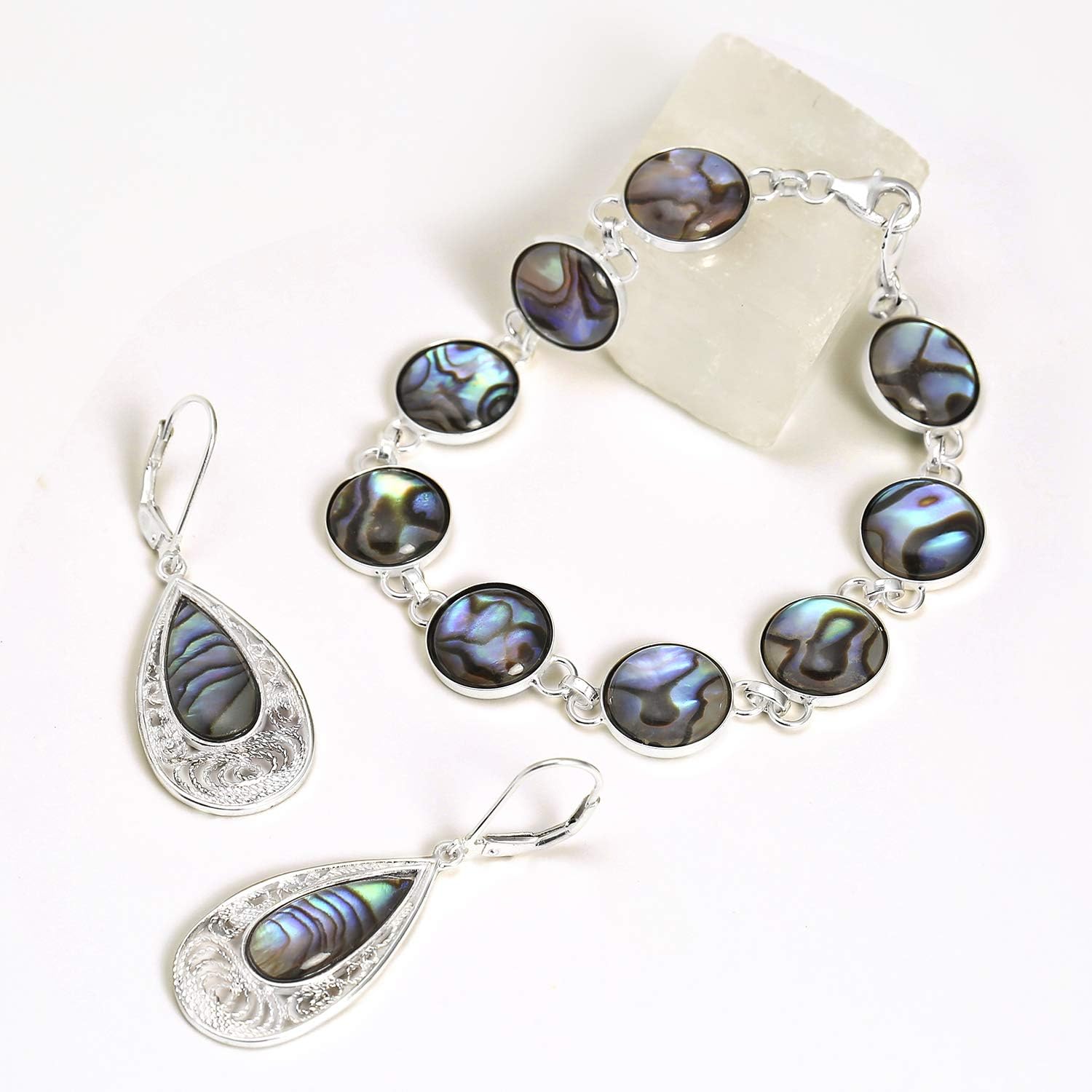 Rainbow Filigree Pear Shaped Teardrop Lever back Abalone Shell Earrings For Women .925 Sterling Silver