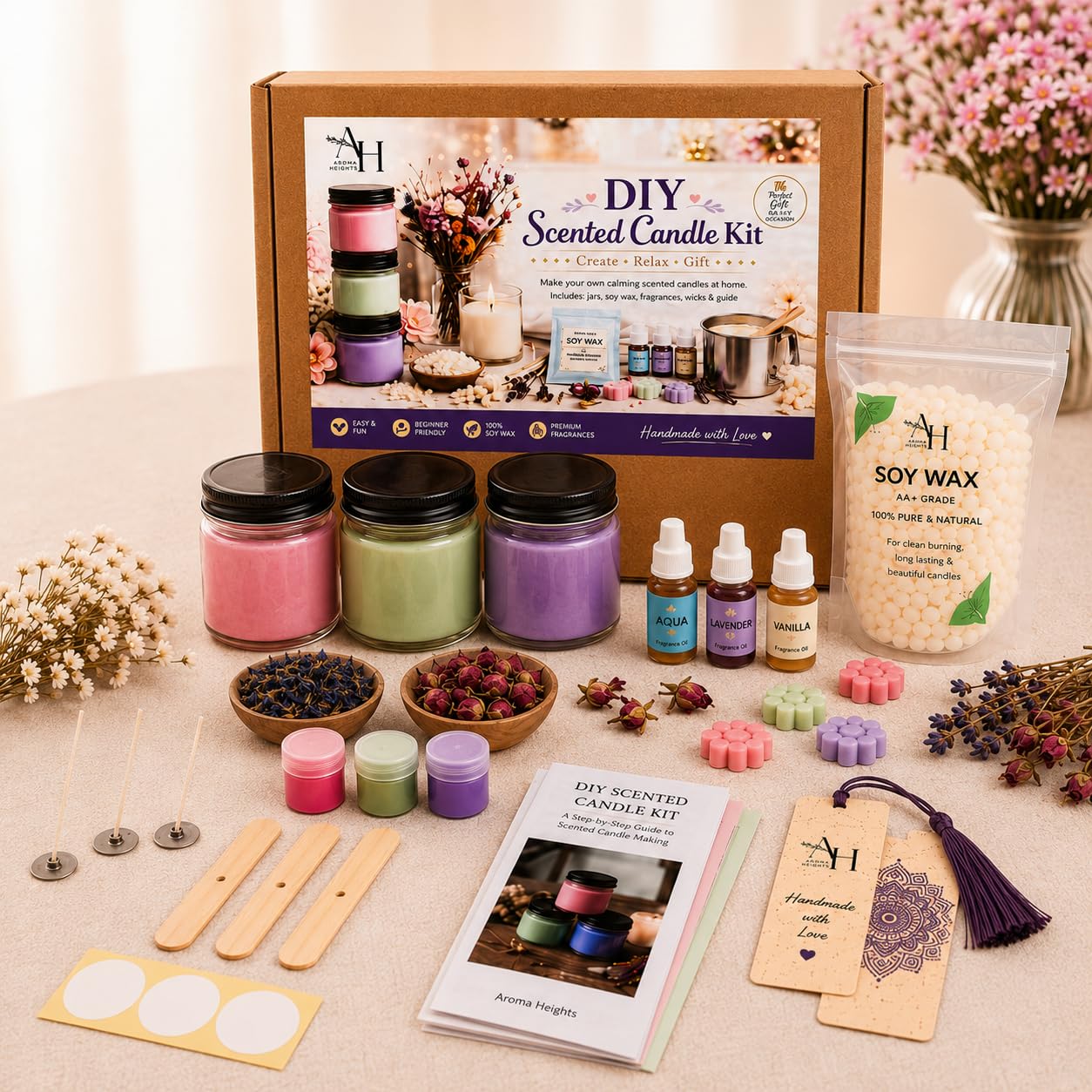 Aroma Heights DIY Scented Candle Making Kit for Adults & Beginners, 100% Soy Wax, 3 Glass Jars, Fragrance Oils, Colors, Wicks, Dried Flowers & Step Guide, Handmade Gift Activity Kit-image-18