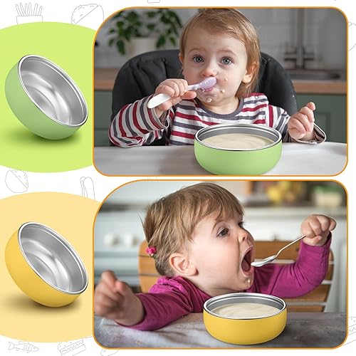 Vista 31 de Nuogo 6 cuencos de acero inoxidable 304 para bebés con carcasa de silicona extraíble para niños pequeños, recipiente antiquemaduras para Color suave