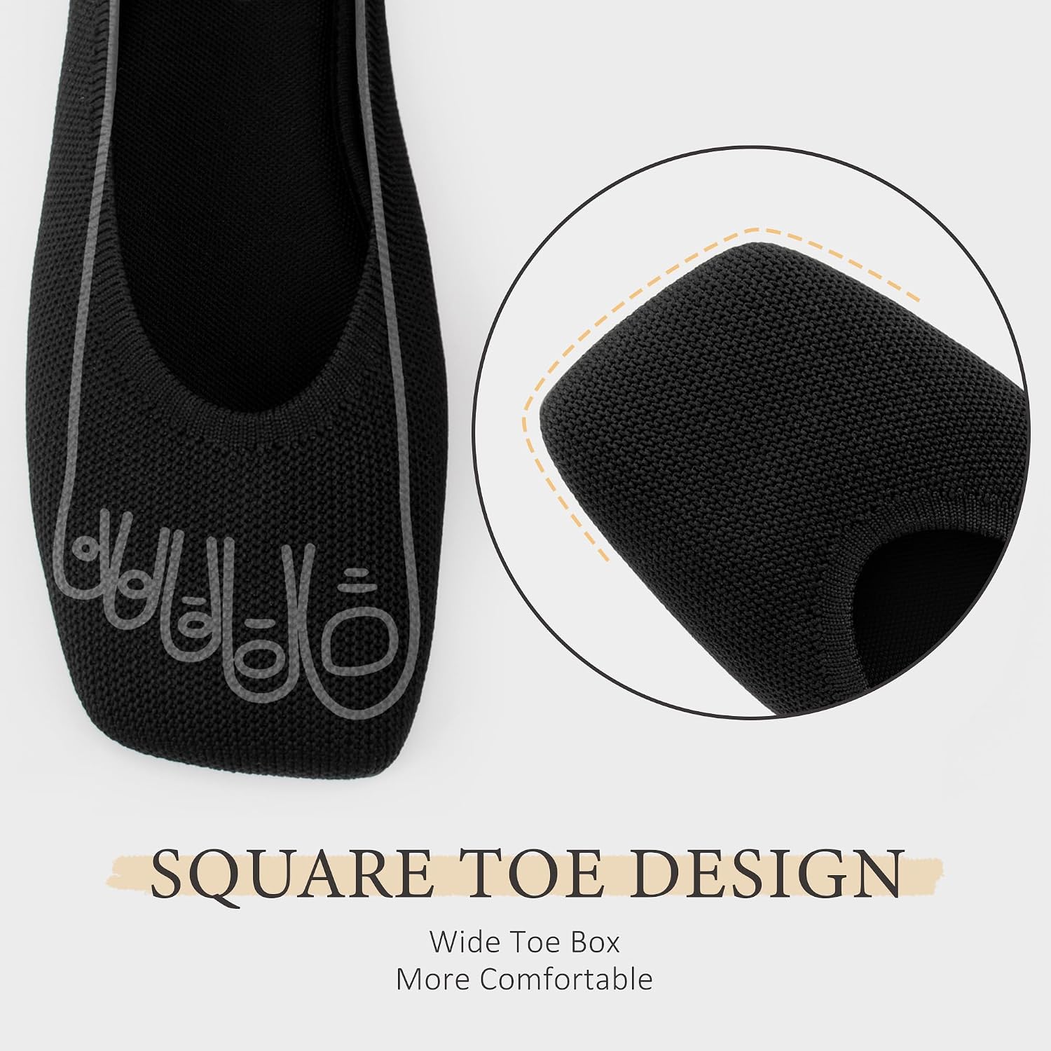 AprCoco Women's Wide Toe Box Flats Square Toe Ballet Shoes Washable Knit Lightweight Slip On Walking Flats for Women Office Casual Dress
