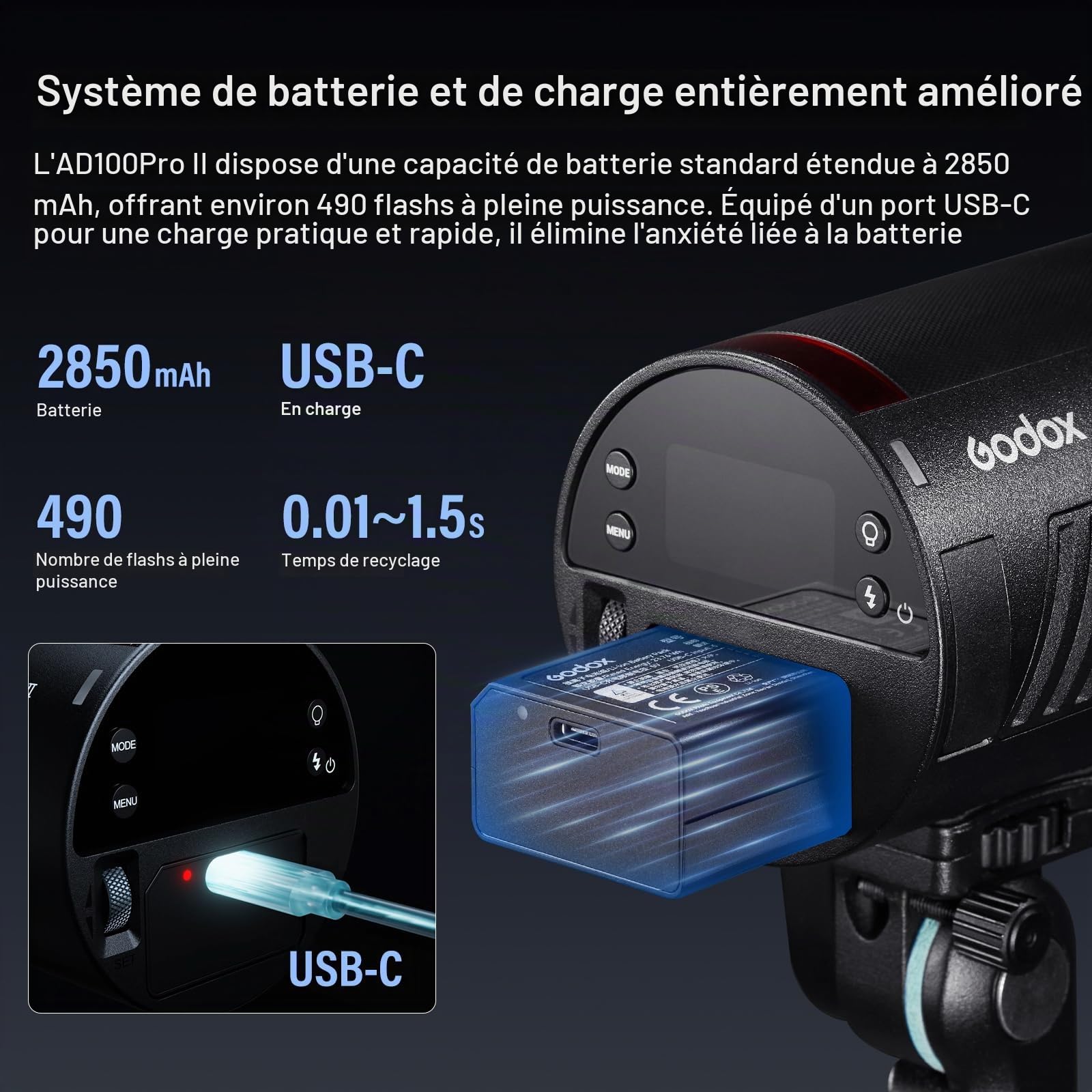 GODOX AD100ProII Flash Kit AD100Pro Upgrade Lumière Strobe Photographie,100Ws 2.4G San Fil HSS 1/8000s Flash Extérieur,USB-C Recharge,Batterie 2850mAh 490 Flashs Pleine Puissance Lampe de Modelage LED