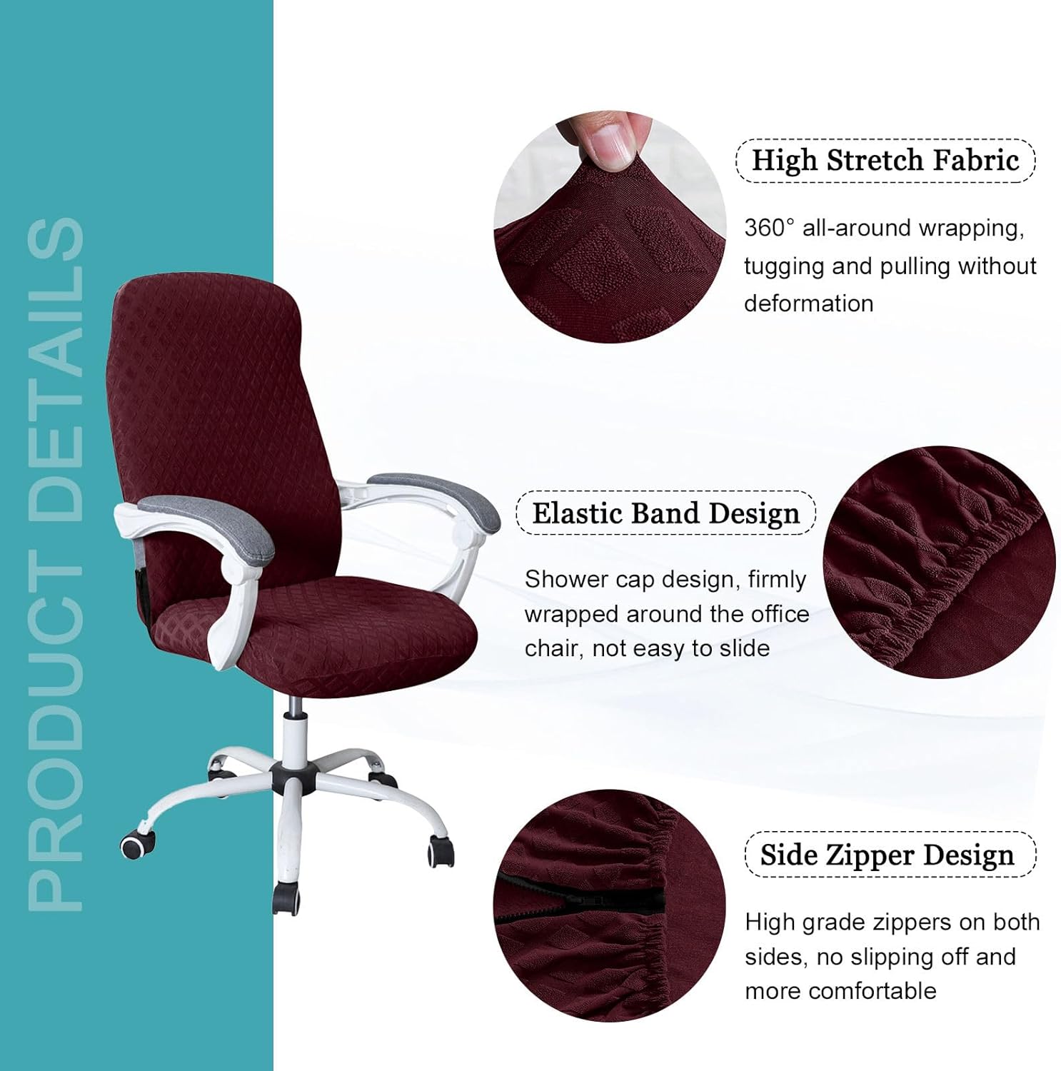 Stretch Waterproof Office Chair Cover, Desk Chair Cover Checkered with Zipper Ties Computer Chair Cover Washable for Office Chair Armrest Chair-Wine red-Medium