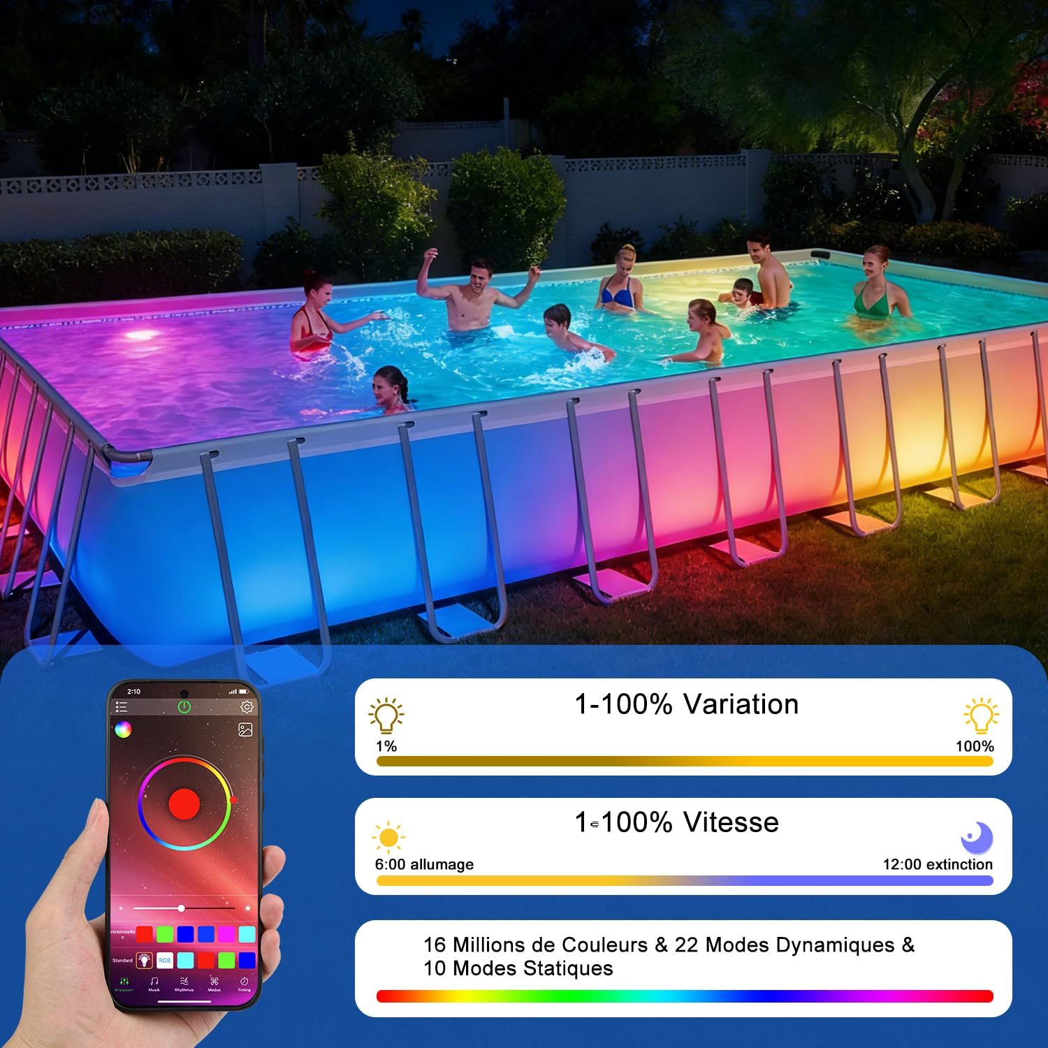 COOLWEST Projecteur Piscine LED pour Piscine hors sol, 24W RGB Smart LED Lampe Couleur Contrôlé par APP pour Piscines Acier, Éclairage Piscine Magnétique, Étanchéité IP68, Minuterie, 12V, 7m Câble