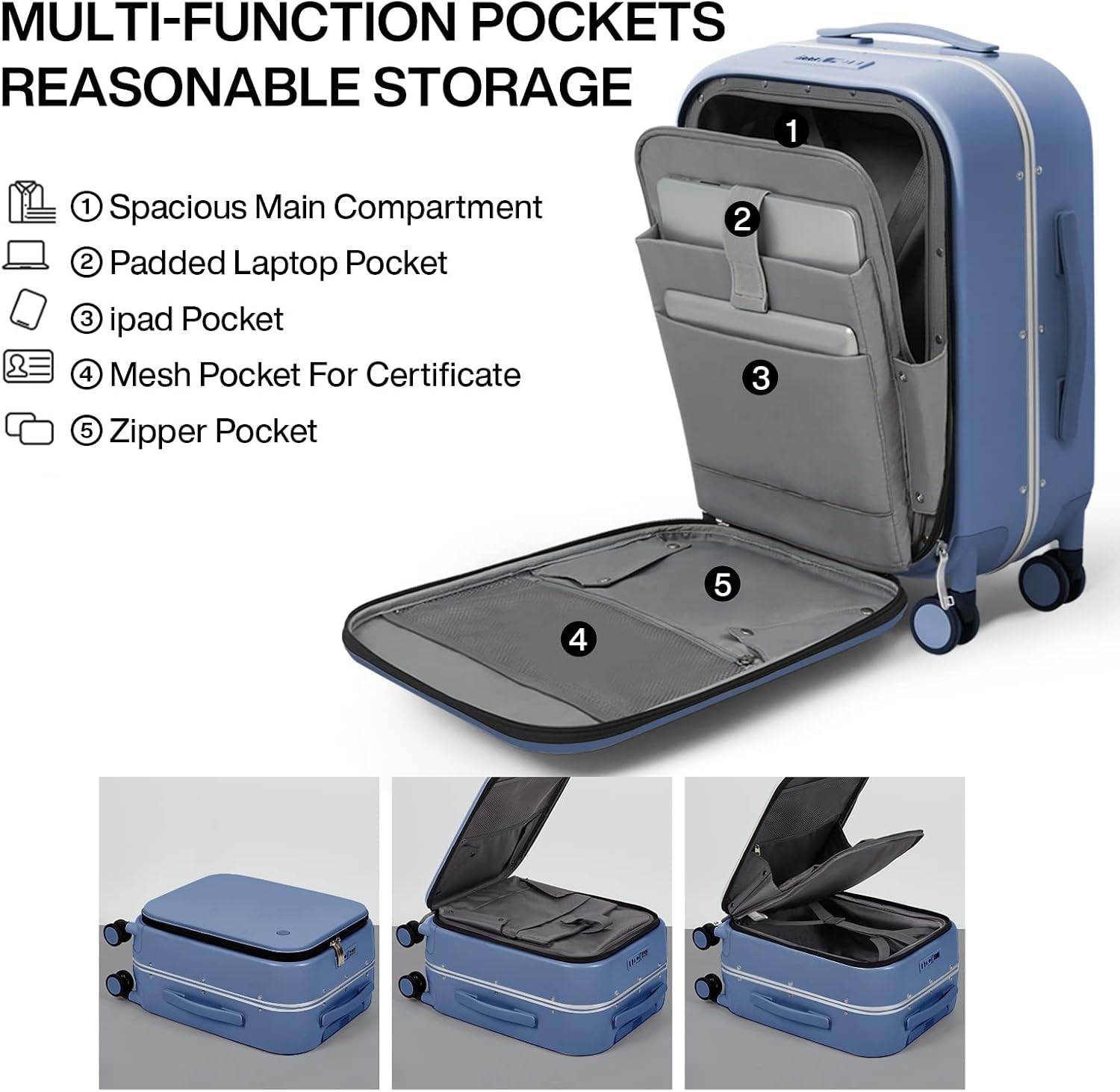 mixi Carry On Luggage, 20'' Suitcases with Spinner Wheels, Rolling Travel Suitcase with Front Laptop Pocket Luggage Aluminum Frame PC Hardside with TSA Lock and Cover, Sapphire Blue