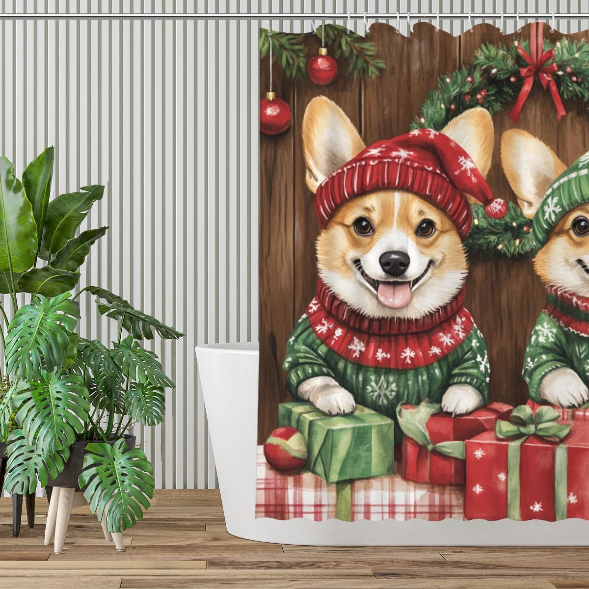Christmas Corgi Shower Curtain Animal Funny Snowflake Winter Holiday Festival 72x72(WxH) Inches Bathroom Decor Fabric Curtain with 12 Hooks
