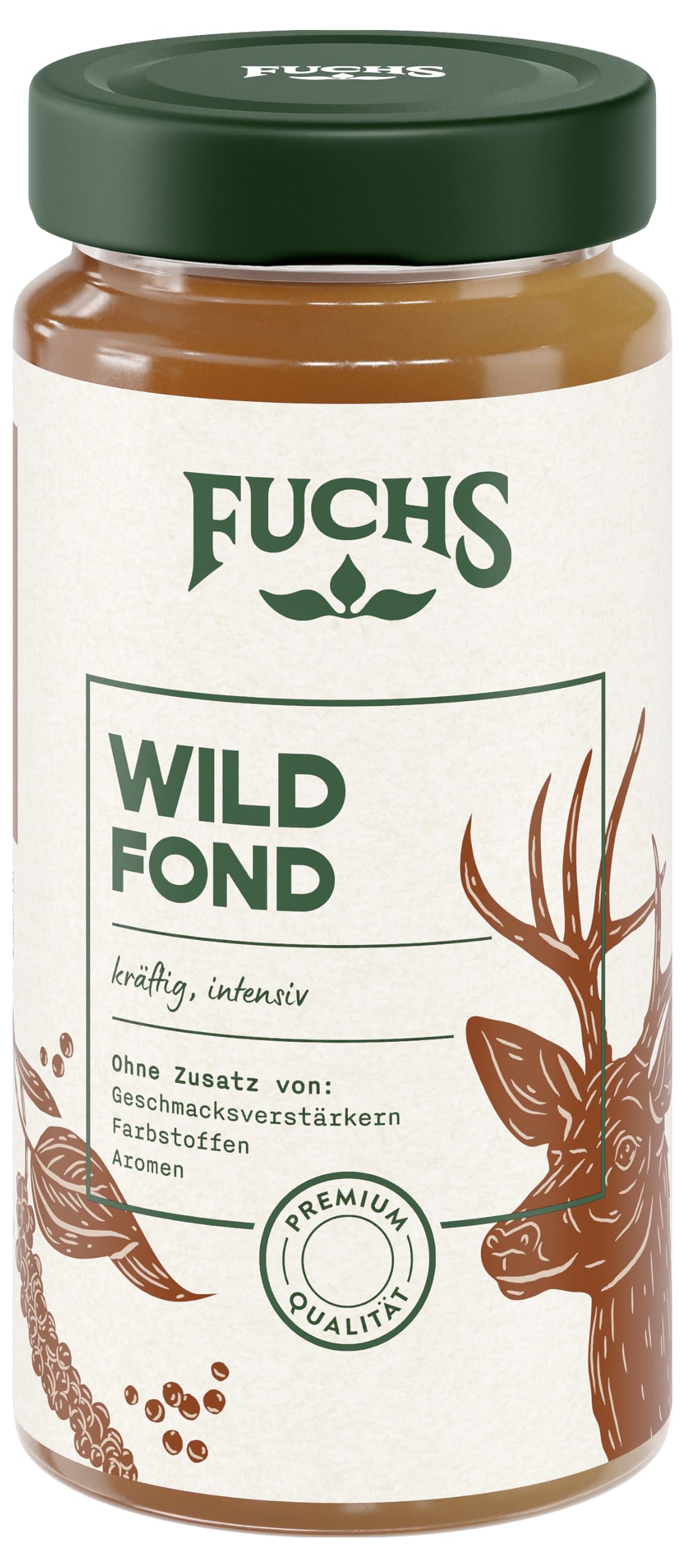 Fuchs Gewürze - Wild Fond, Tafelfertiger Fond zur Zubereitung verschiedener Wild-Gerichte, Ohne Geschmacksverstärker, Farbstoffe oder Palmfett, 400 ml im wiederverschließbaren Glas