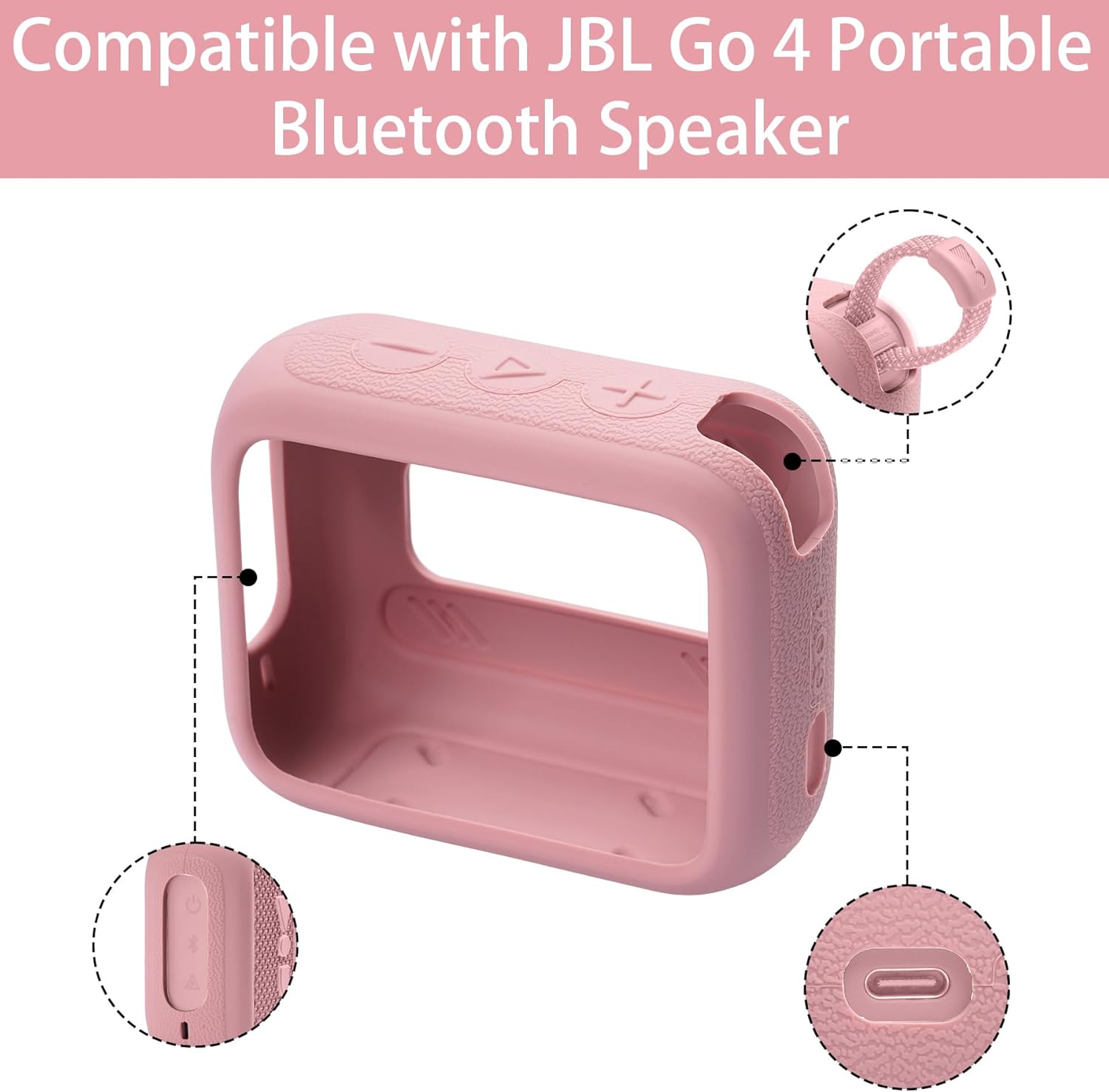for JBL Go 4 Waterproof Bluetooth Speaker Silicone Cover Case, Portable Silicone Travel Case with Carabiner, Protective Skin Case (Pink Case) - co2CREA - Image 5