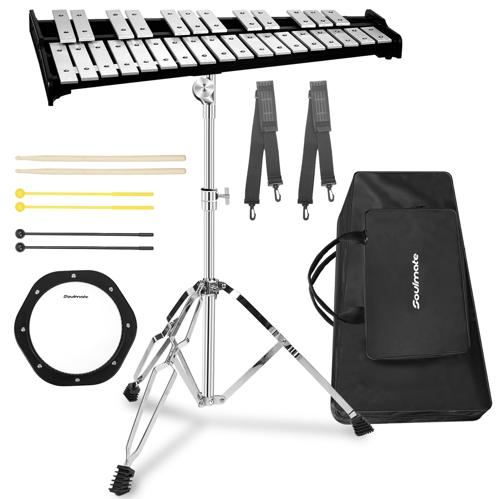 Soulmate 30 Notes Glockenspiel Xylophone Bell Kit with 8'' Drum Practice Pad Professional Percussion Instrument for Adults &amp; Beginner Students