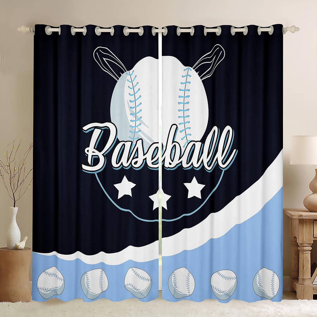 richhome Kids Baseball Curtains for Bedroom Living Room Blue White Baseball Game Blackout Darkening Drapes Sport Theme Window Treatments, 2 Panels W52*L90 Softball Lover Room Decor